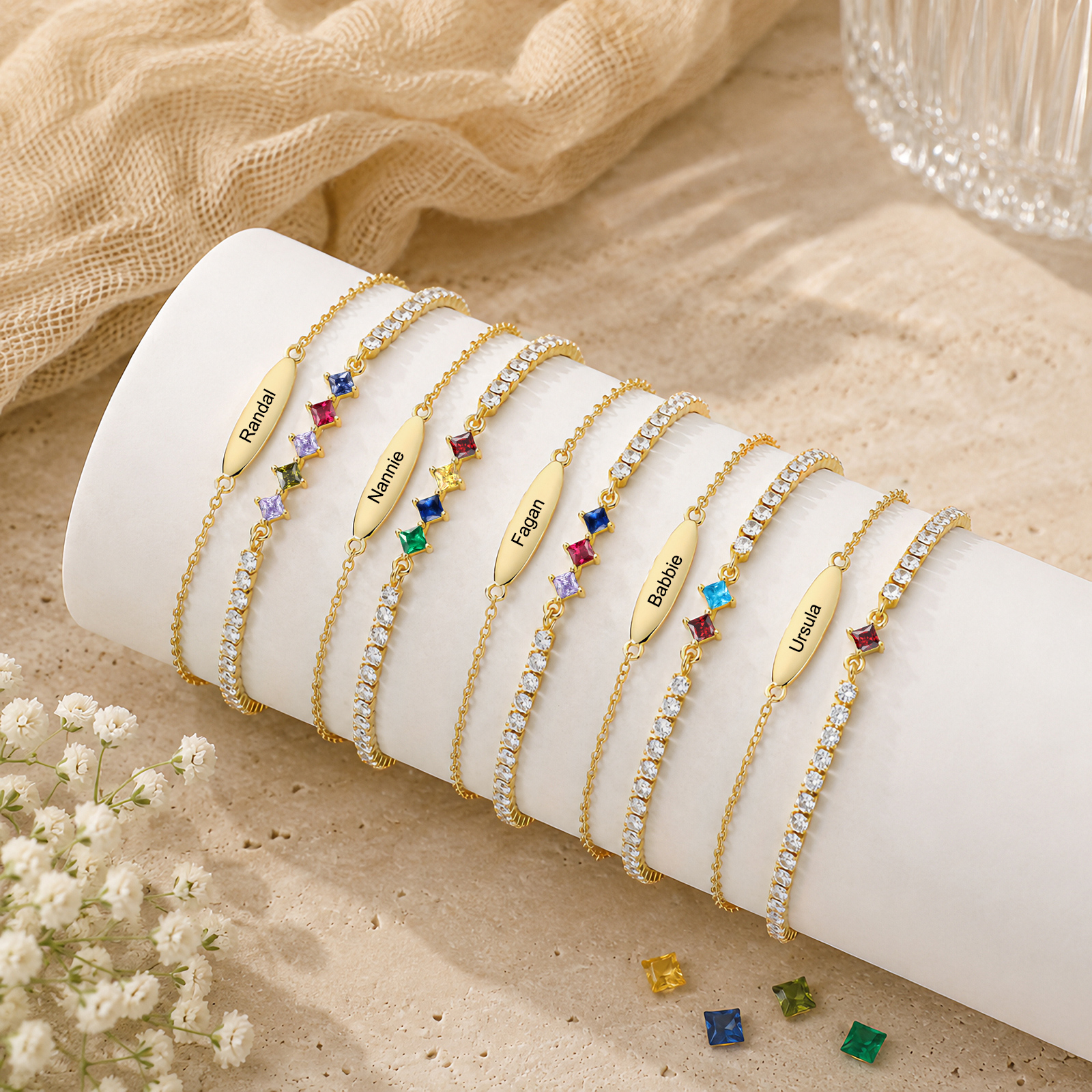 Personalisierte Fußkette mit Namen und Geburtssteinen doppellagiges Fußkettchen im Tennis-Design