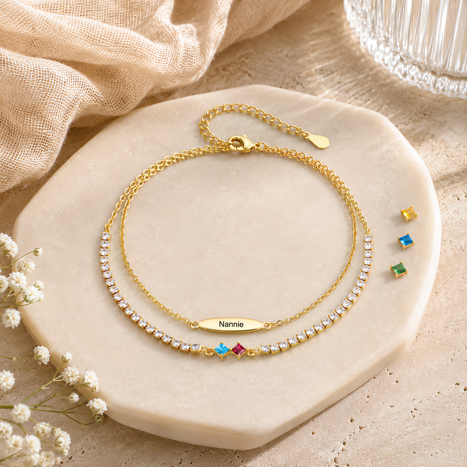 Personalisierte Fußkette mit Namen und Geburtssteinen doppellagiges Fußkettchen im Tennis-Design