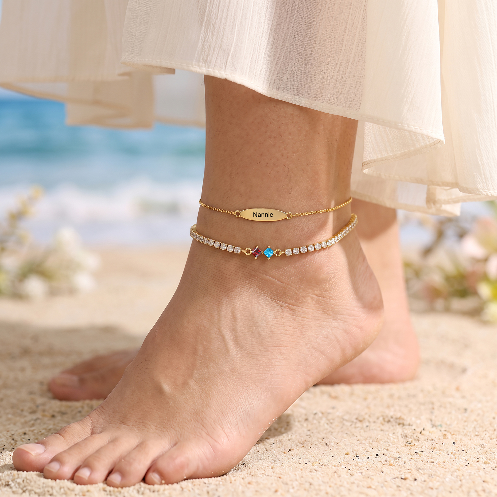 Personalisierte Fußkette mit Namen und Geburtssteinen doppellagiges Fußkettchen im Tennis-Design