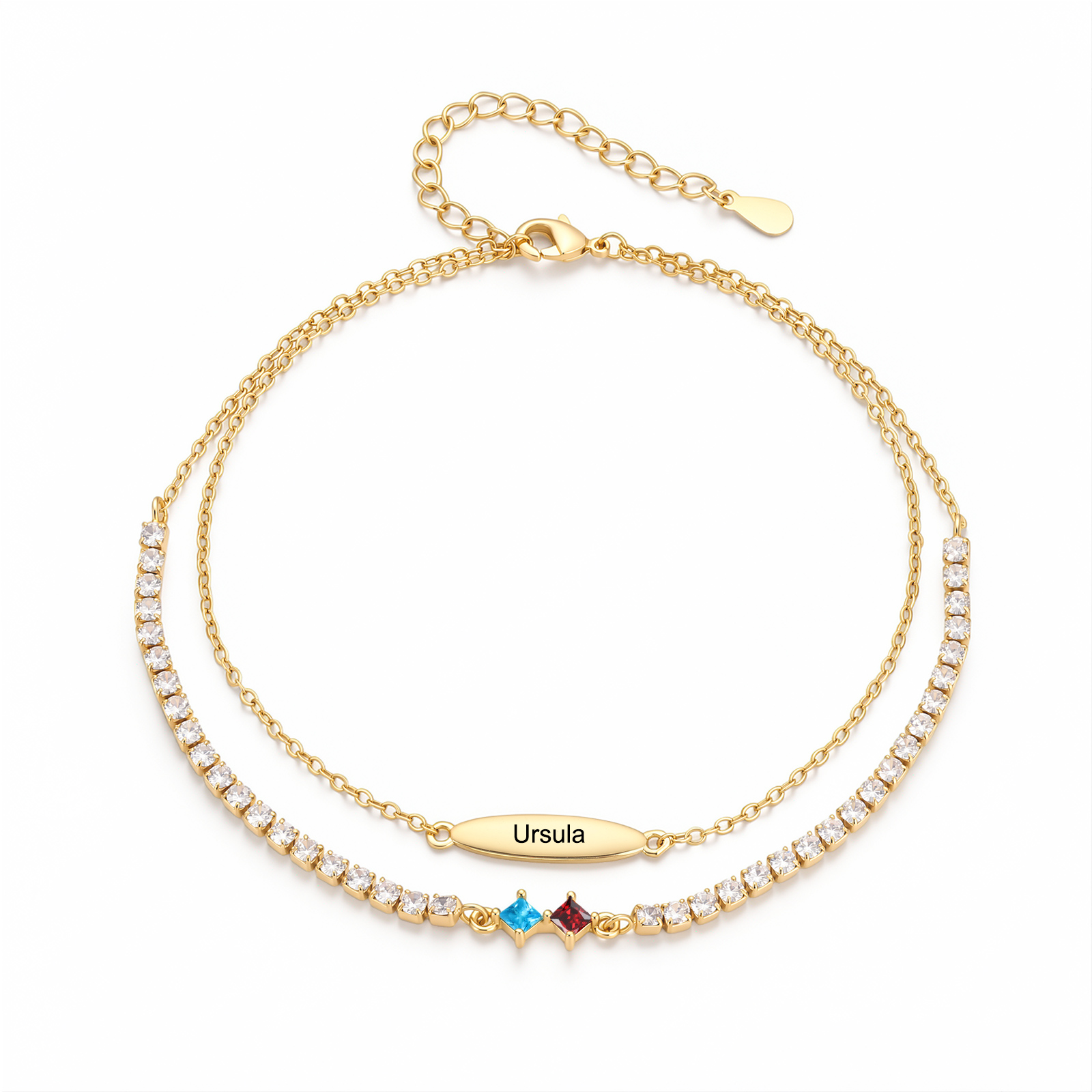 Personalisierte Fußkette mit Namen und Geburtssteinen doppellagiges Fußkettchen im Tennis-Design