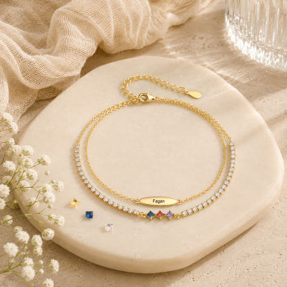 Personalisierte Fußkette mit Namen und Geburtssteinen doppellagiges Fußkettchen im Tennis-Design