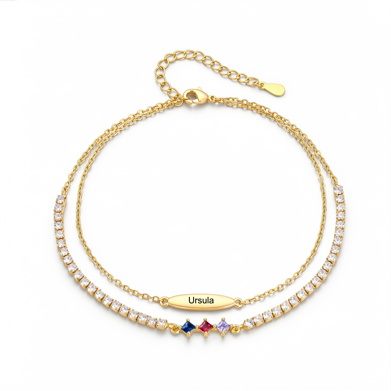 Personalisierte Fußkette mit Namen und Geburtssteinen doppellagiges Fußkettchen im Tennis-Design