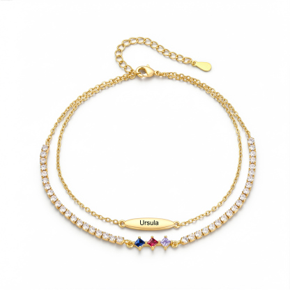 Personalisierte Fußkette mit Namen und Geburtssteinen doppellagiges Fußkettchen im Tennis-Design