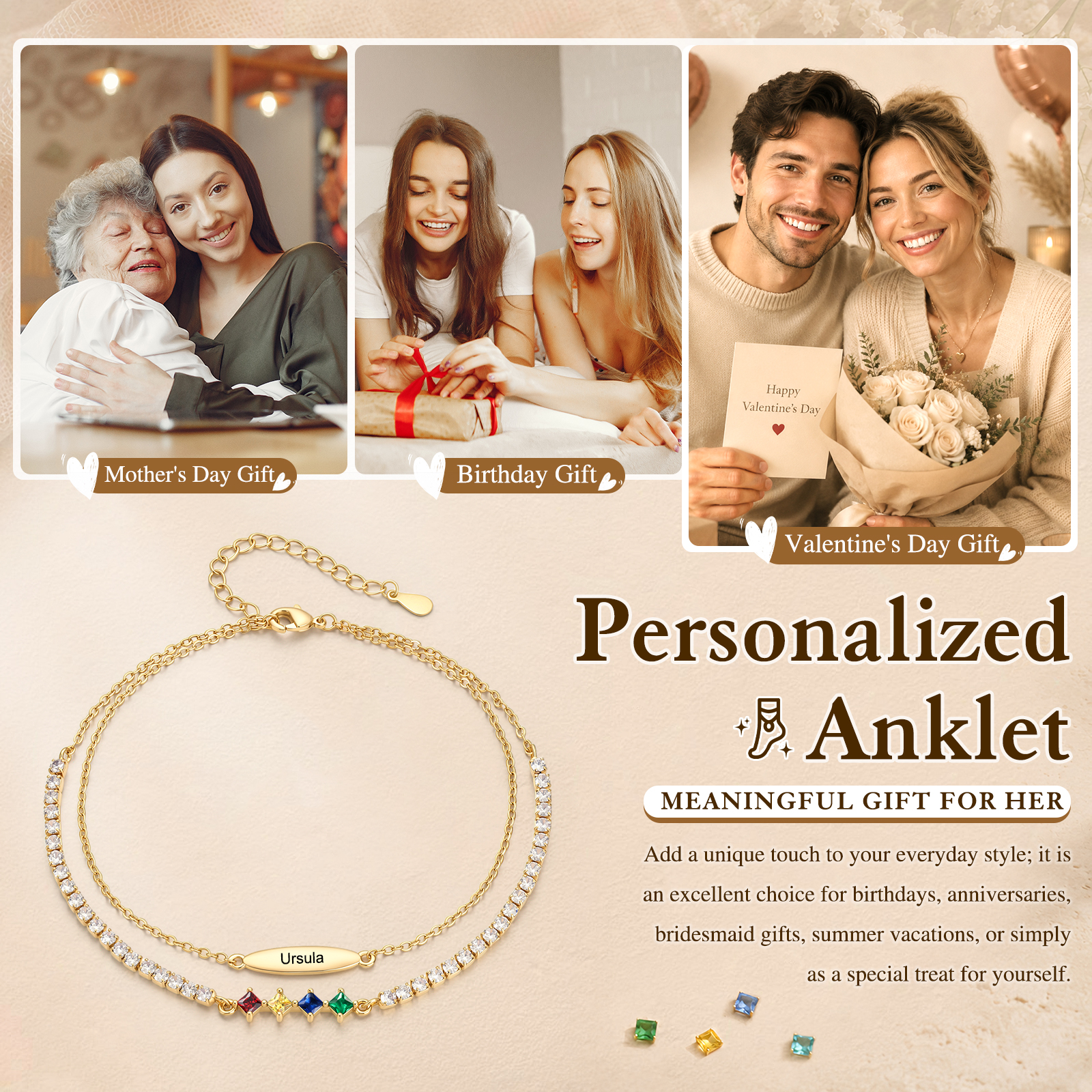 Personalisierte Fußkette mit Namen und Geburtssteinen doppellagiges Fußkettchen im Tennis-Design