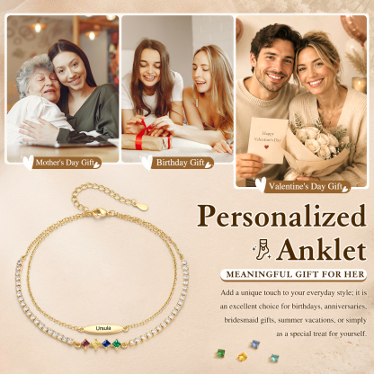 Personalisierte Fußkette mit Namen und Geburtssteinen doppellagiges Fußkettchen im Tennis-Design