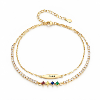 Personalisierte Fußkette mit Namen und Geburtssteinen doppellagiges Fußkettchen im Tennis-Design