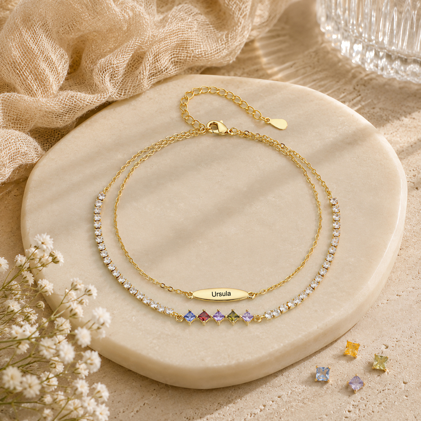 Personalisierte Fußkette mit Namen und Geburtssteinen doppellagiges Fußkettchen im Tennis-Design