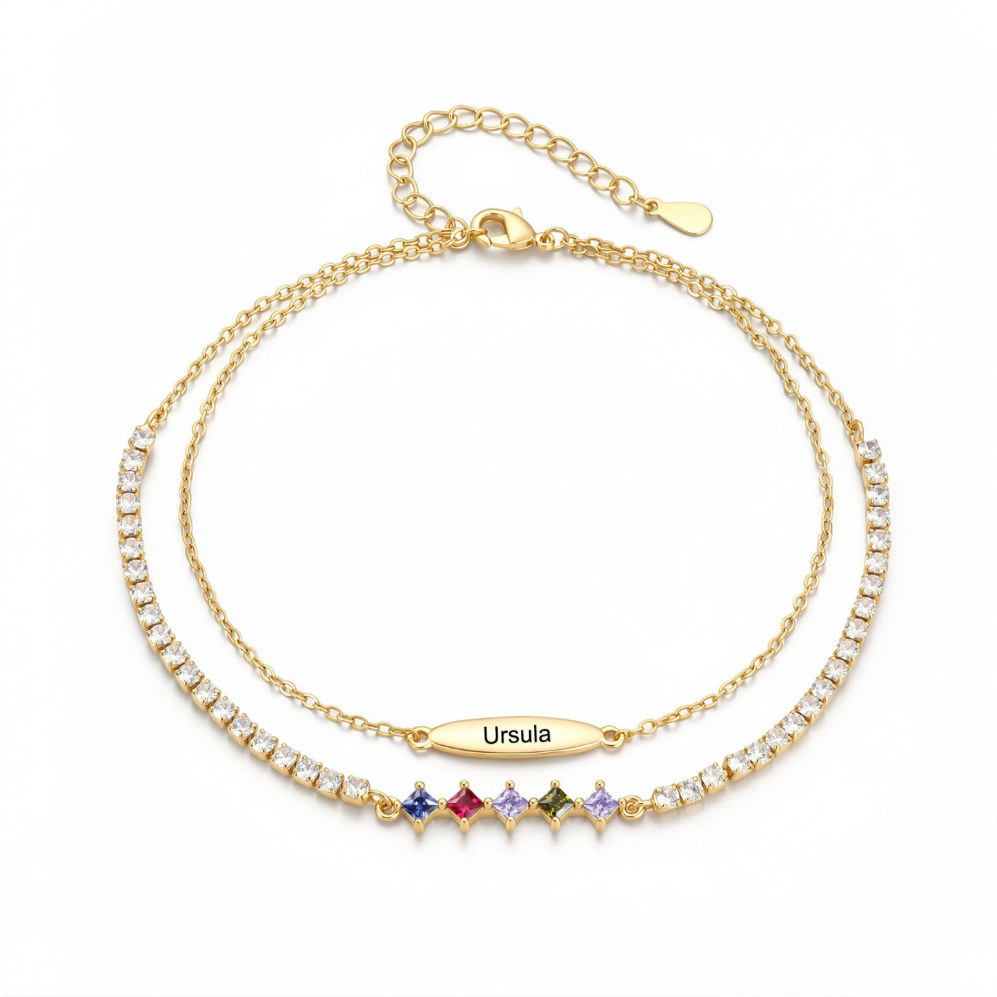 Personalisierte Fußkette mit Namen und Geburtssteinen doppellagiges Fußkettchen im Tennis-Design