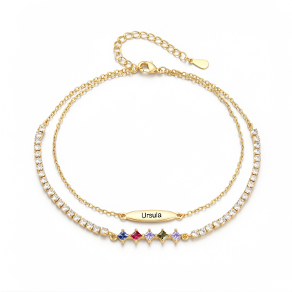 Personalisierte Fußkette mit Namen und Geburtssteinen doppellagiges Fußkettchen im Tennis-Design