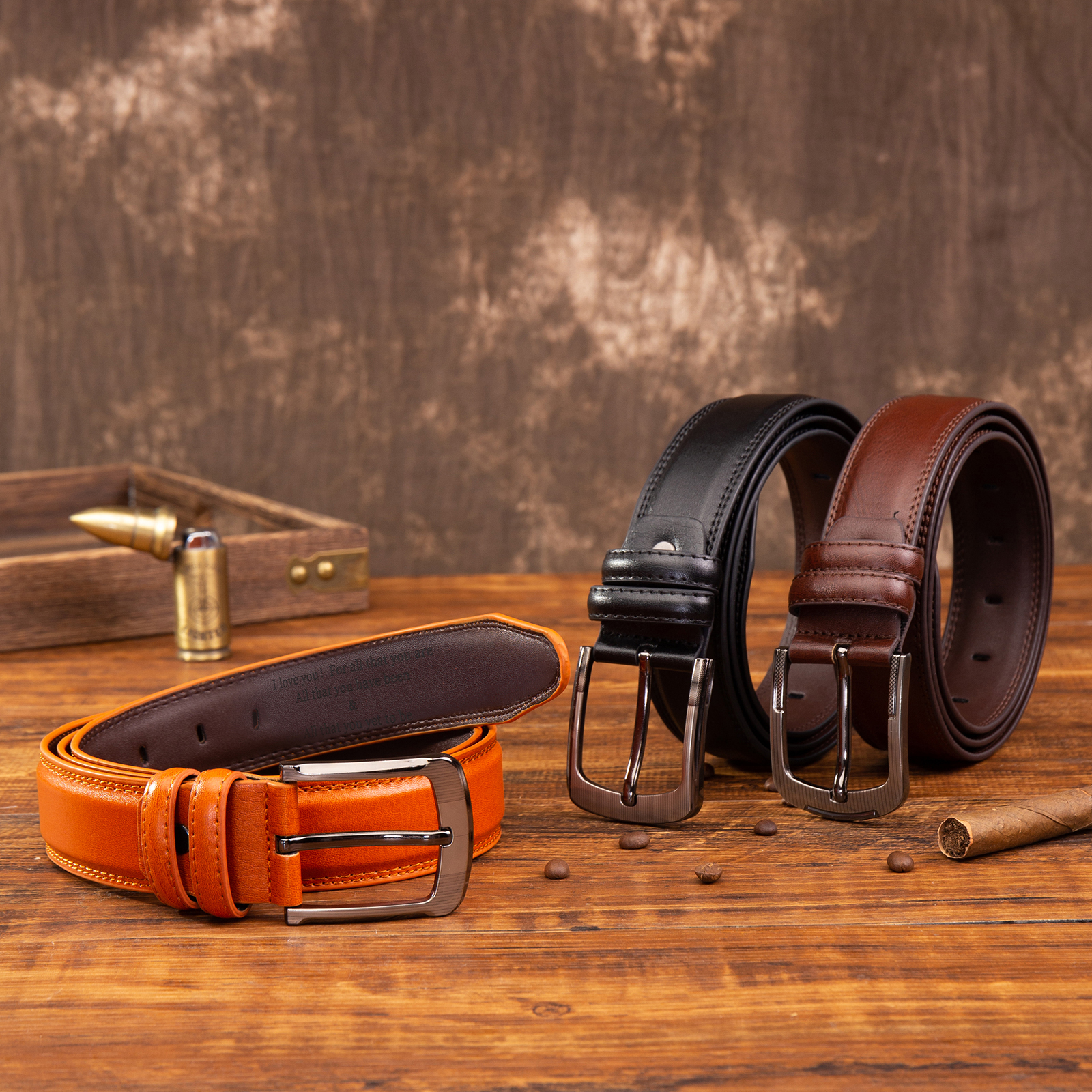 Personalisierter 1 Text Gelb Schwarz Braun Herren Ledergürtel - Geschenk für Ehemann/Freund