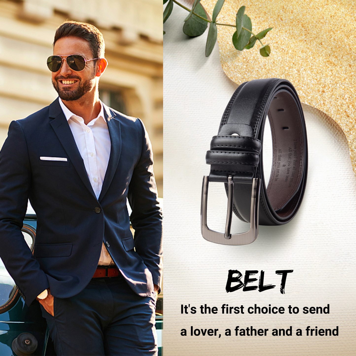 Personalisierter 1 Text Gelb Schwarz Braun Herren Ledergürtel - Geschenk für Ehemann/Freund