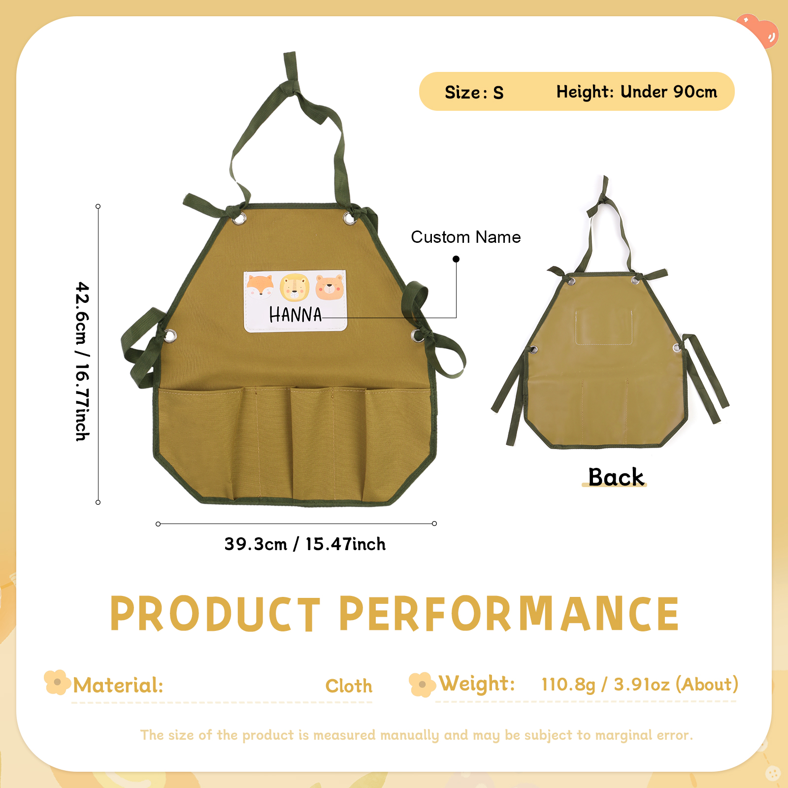 Personalisierter 1 Name Kinder-Malschürze in Khaki mit 18 verschiedenen motiven für Kinder