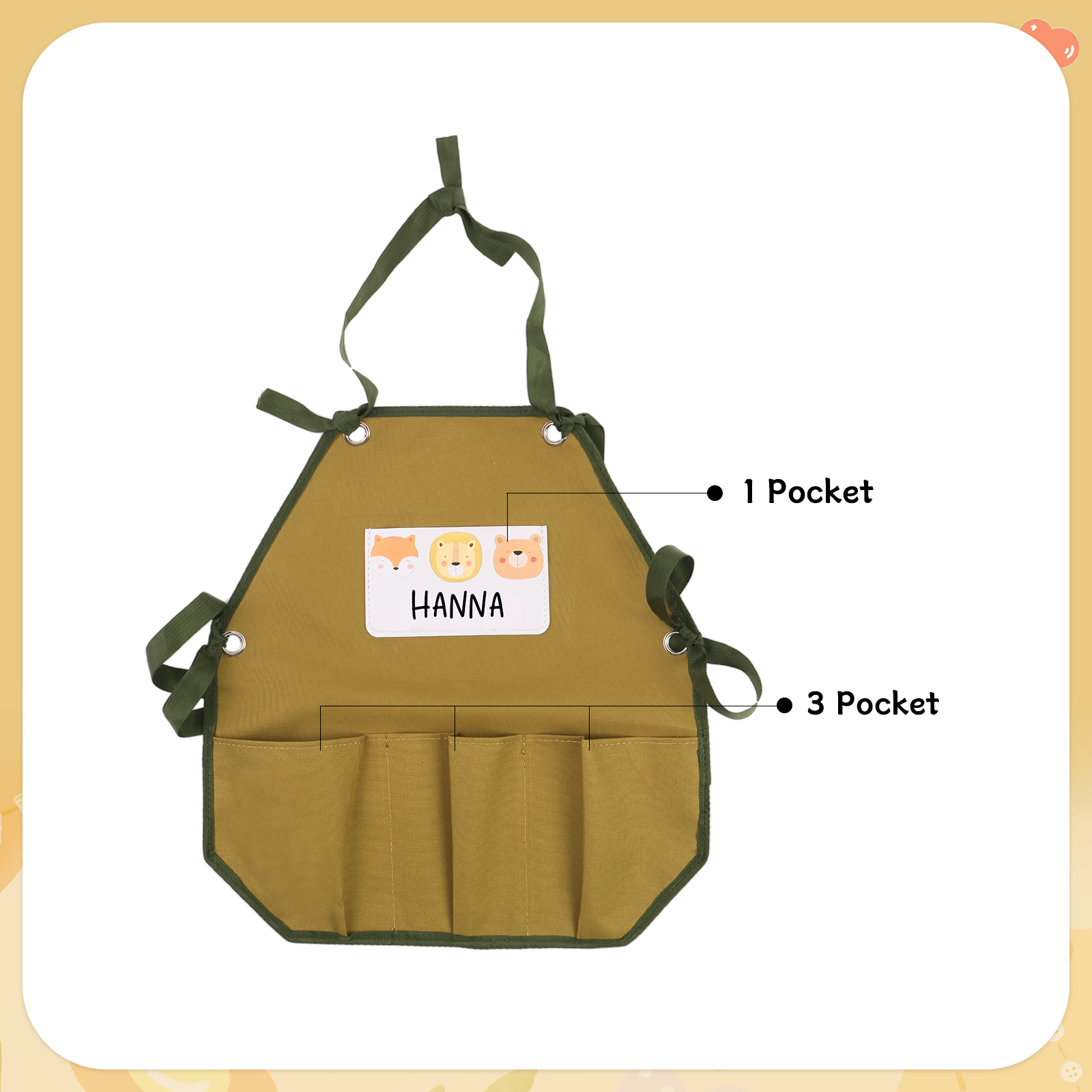 Personalisierter 1 Name Kinder-Malschürze in Khaki mit 18 verschiedenen motiven für Kinder