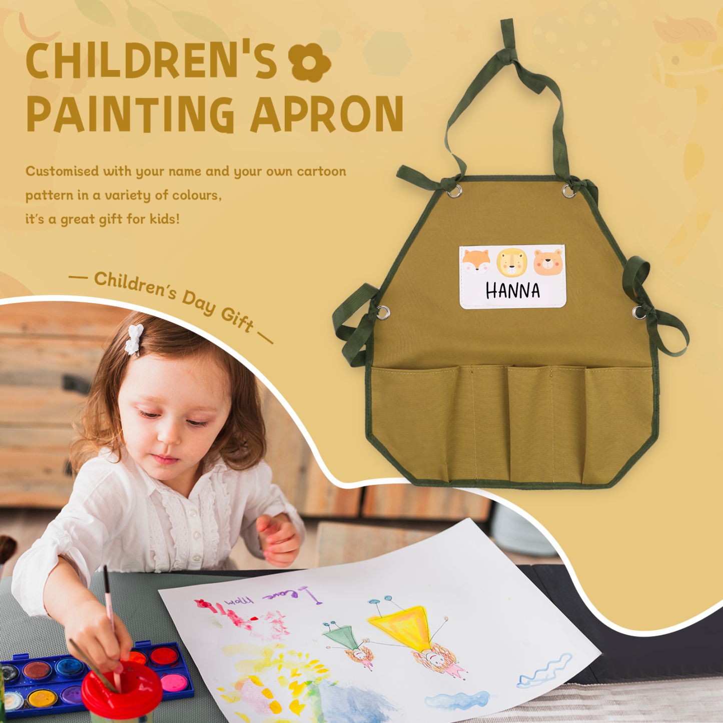 Personalisierter 1 Name Kinder-Malschürze in Khaki mit 18 verschiedenen motiven für Kinder
