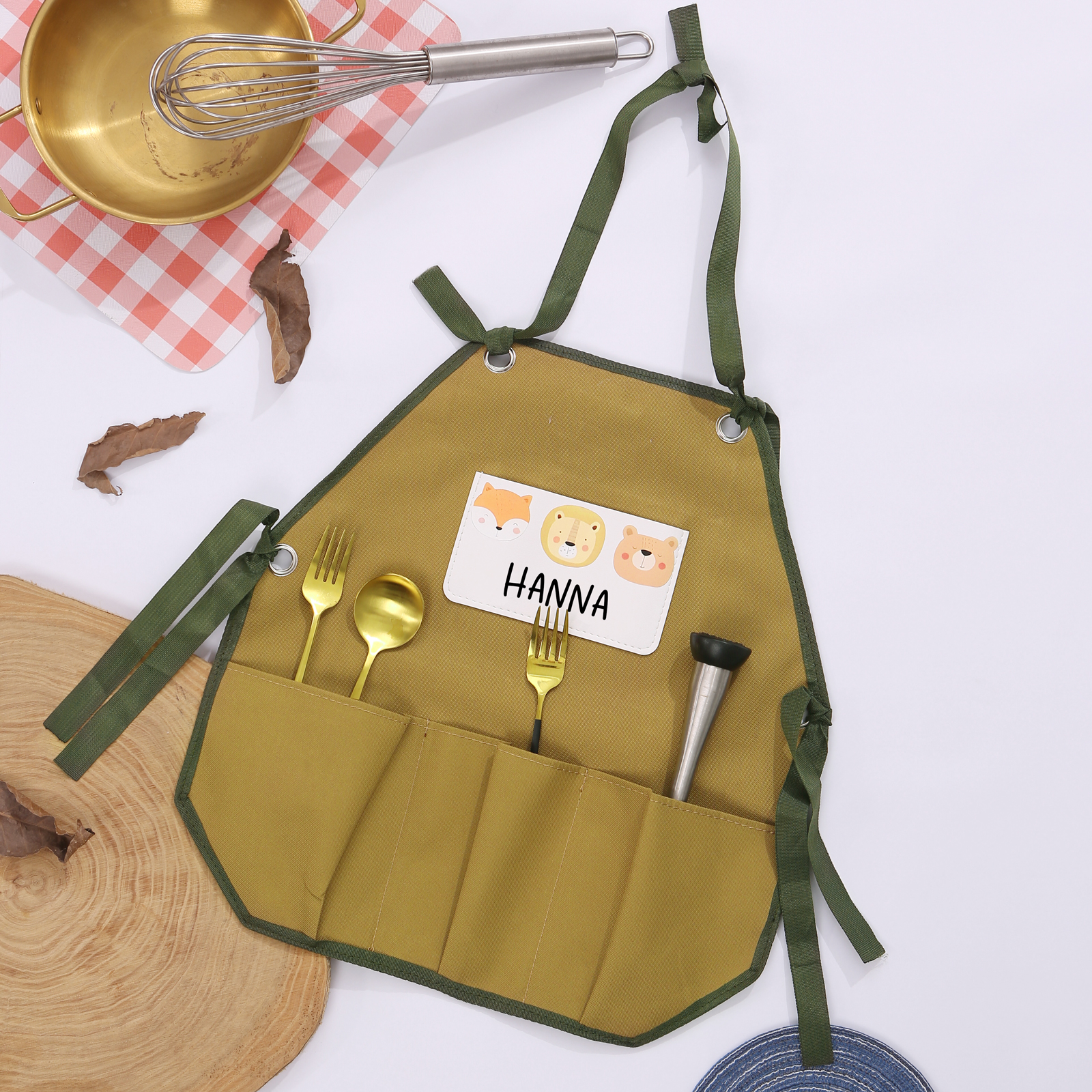 Personalisierter 1 Name Kinder-Malschürze in Khaki mit 18 verschiedenen motiven für Kinder