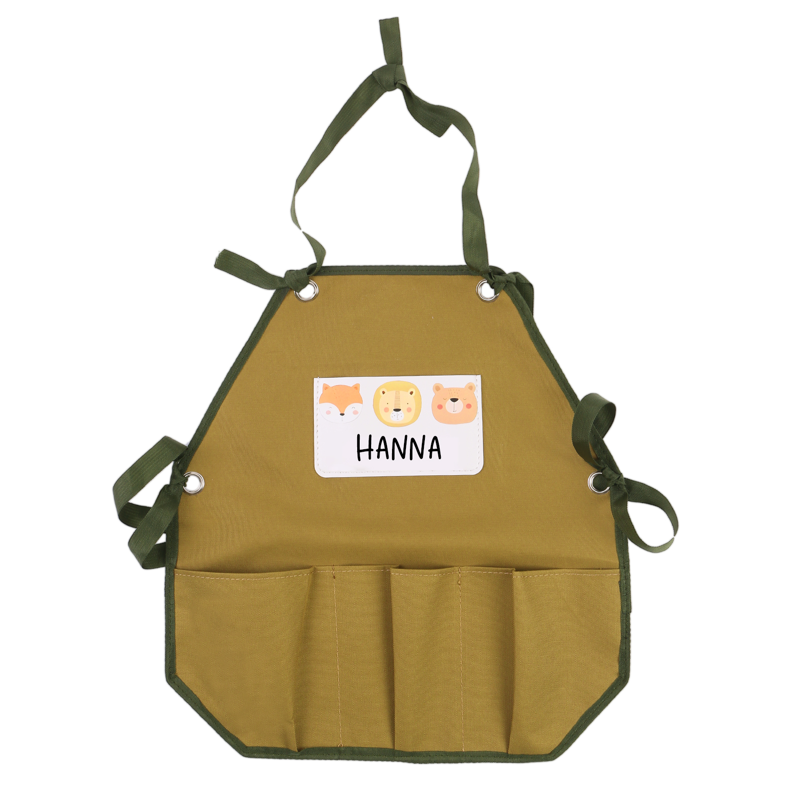 Personalisierter 1 Name Kinder-Malschürze in Khaki mit 18 verschiedene