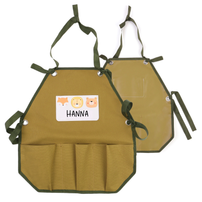 Personalisierter 1 Name Kinder-Malschürze in Khaki mit 18 verschiedenen motiven für Kinder
