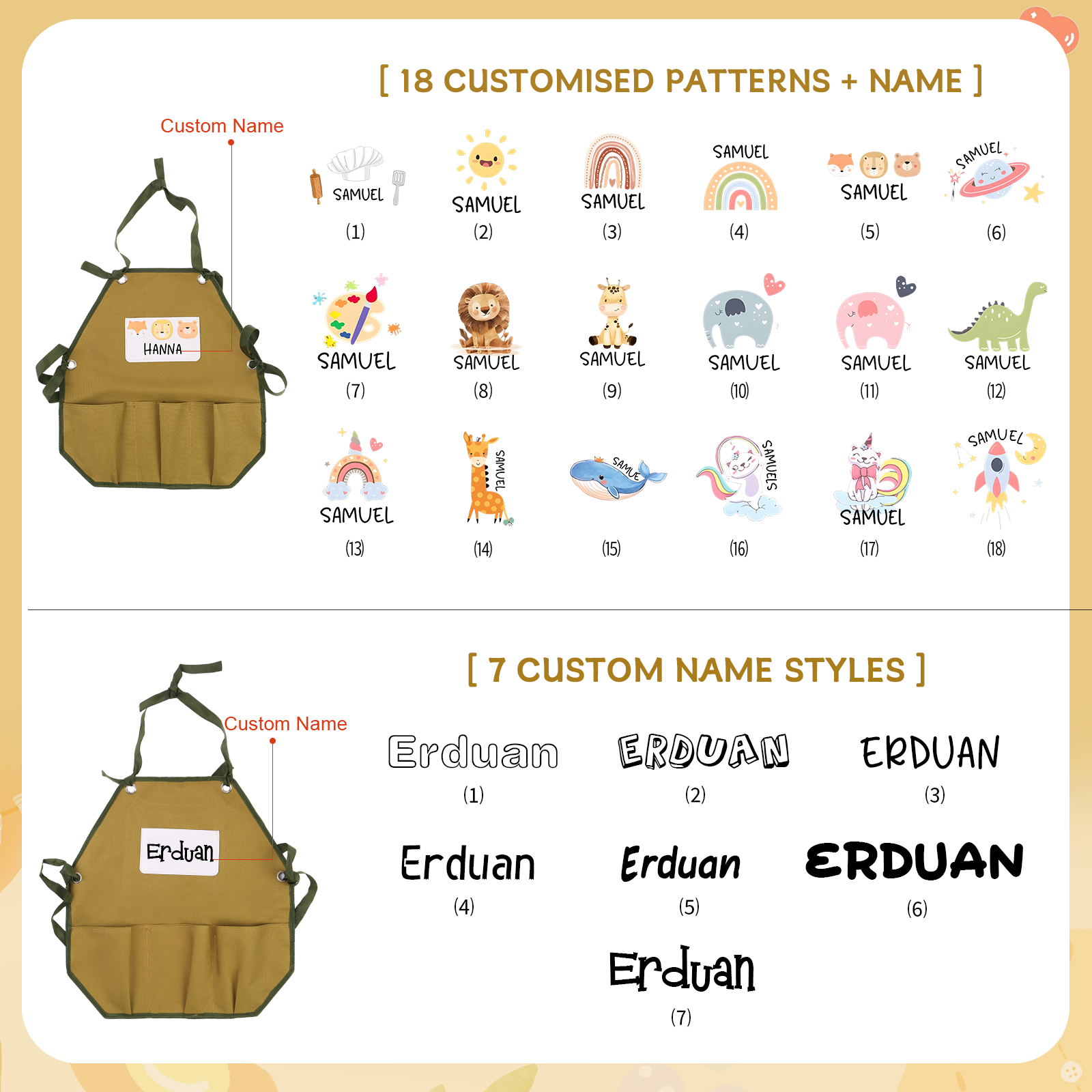 Personalisierter 1 Name Kinder-Malschürze in Khaki mit 18 verschiedenen motiven für Kinder