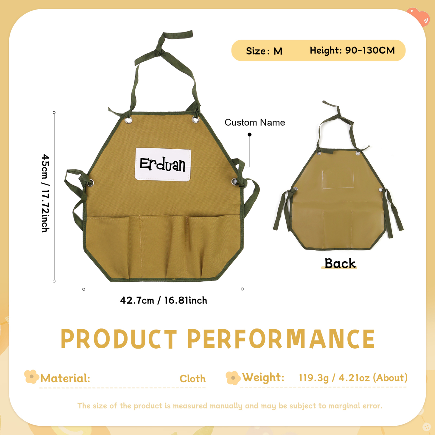 Personalisierter 1 Name Kinder-Malschürze in Khaki mit 18 verschiedenen motiven für Kinder