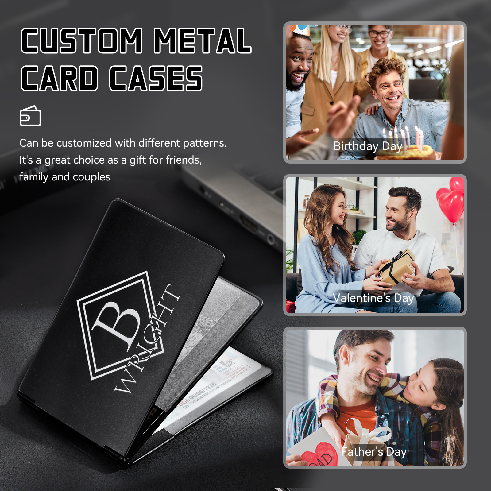 Herren Personalisierte Name & Buchstabe Kreditkarten Etui aus Metall in 3 Farben & 9 Stile