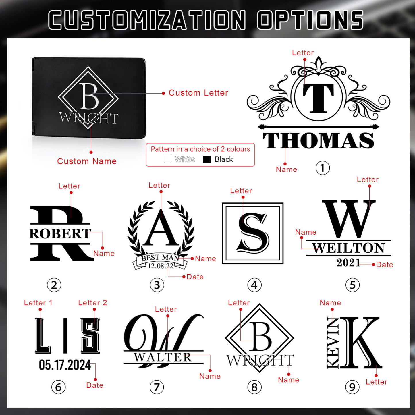 Herren Personalisierte Name & Buchstabe Kreditkarten Etui aus Metall in 3 Farben & 9 Stile