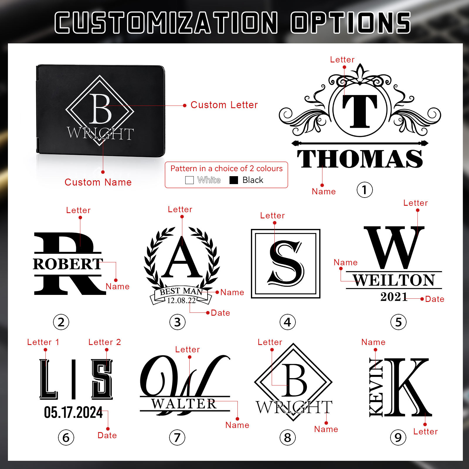 Herren Personalisierte Name & Buchstabe Kreditkarten Etui aus Metall in 3 Farben & 9 Stile