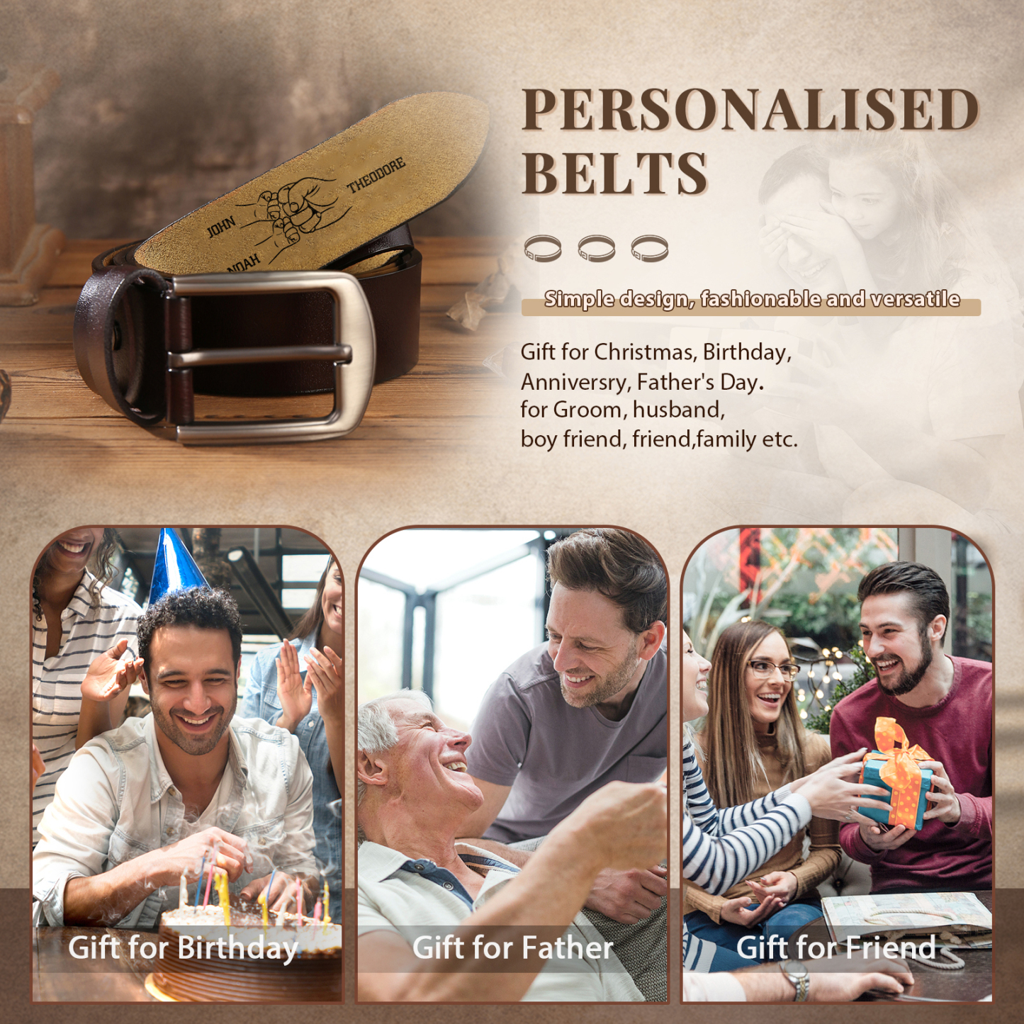 Personalisierter 4 Namen und 1 Buchstabe Herren Ledergürtel - Perfektes Geschenk für Ihren Vater im Vatertag!