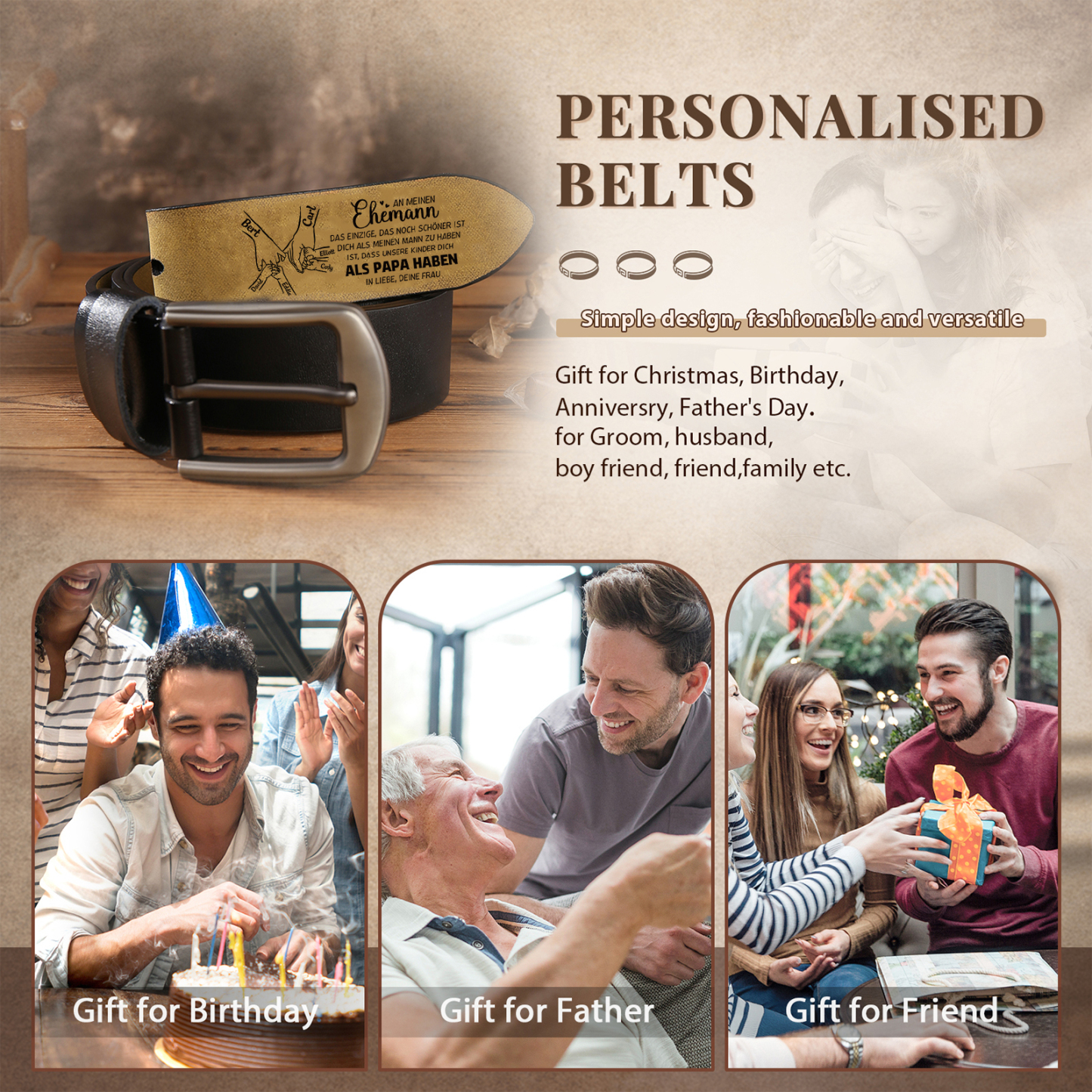 Personalisierter 6 Namen & Fäuste Herren Ledergürtel - Perfektes Geschenk für Ihren Ehemann