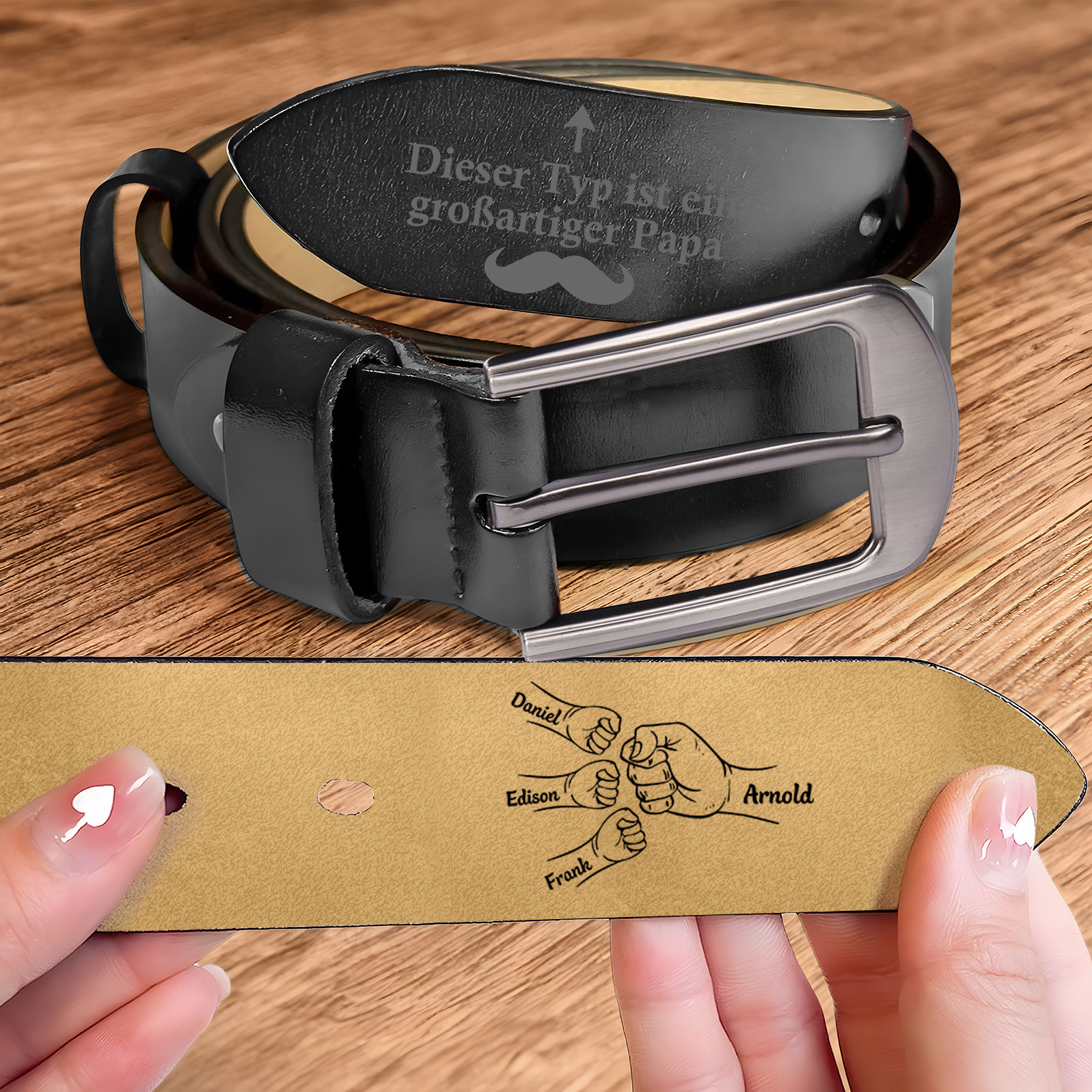 Personalisierter 4 Namen Schwarz Herren Ledergürtel - Dieser Typ ist ein großartiger Papa - Geschenk für Vater/Papa