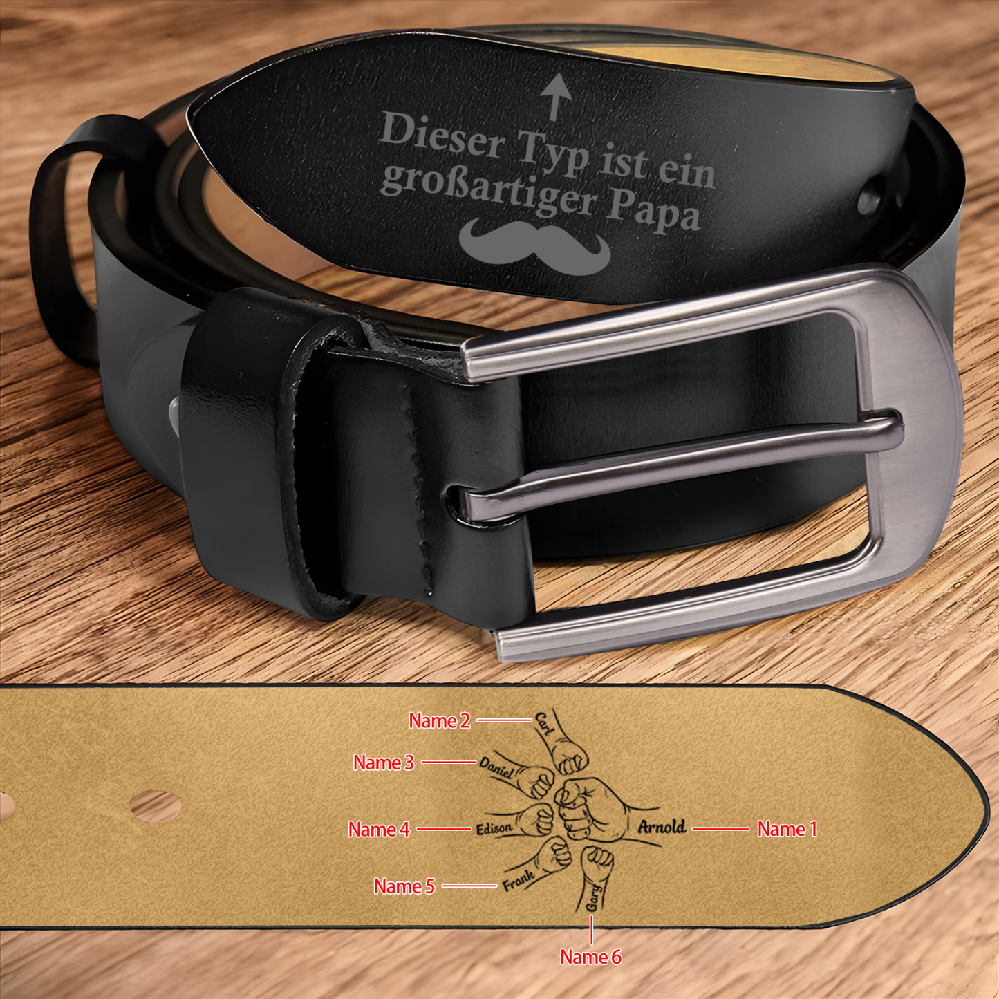Personalisierter 6 Namen Schwarz Herren Ledergürtel - Dieser Typ ist ein großartiger Papa - Geschenk für Vater/Papa