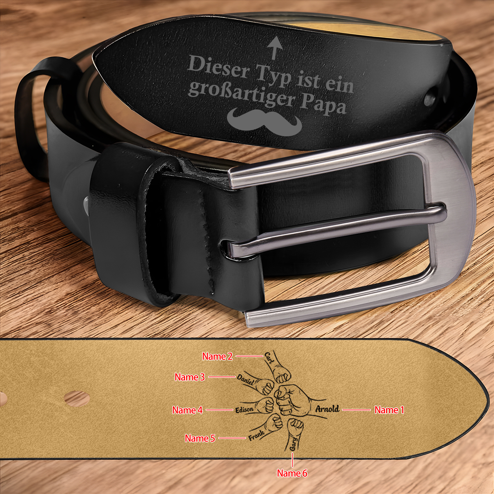 Personalisierter 6 Namen Schwarz Herren Ledergürtel - Dieser Typ ist ein großartiger Papa - Geschenk für Vater/Papa