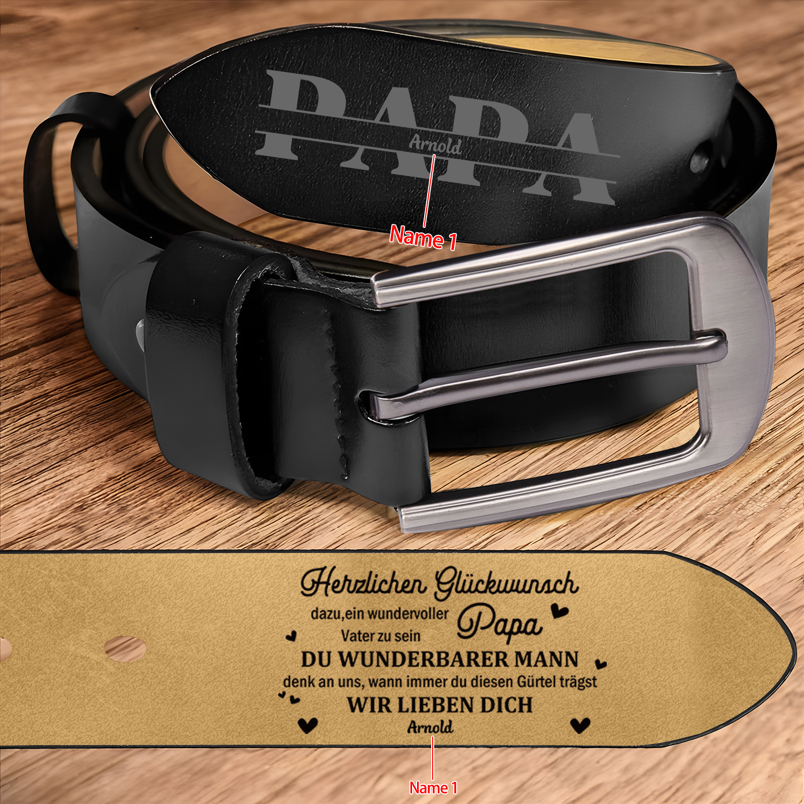 Personalisierter 1 Name Schwarz Herren Ledergürtel - Papa, WIR LIEBEN DICH- Geschenk für Vater/Papa