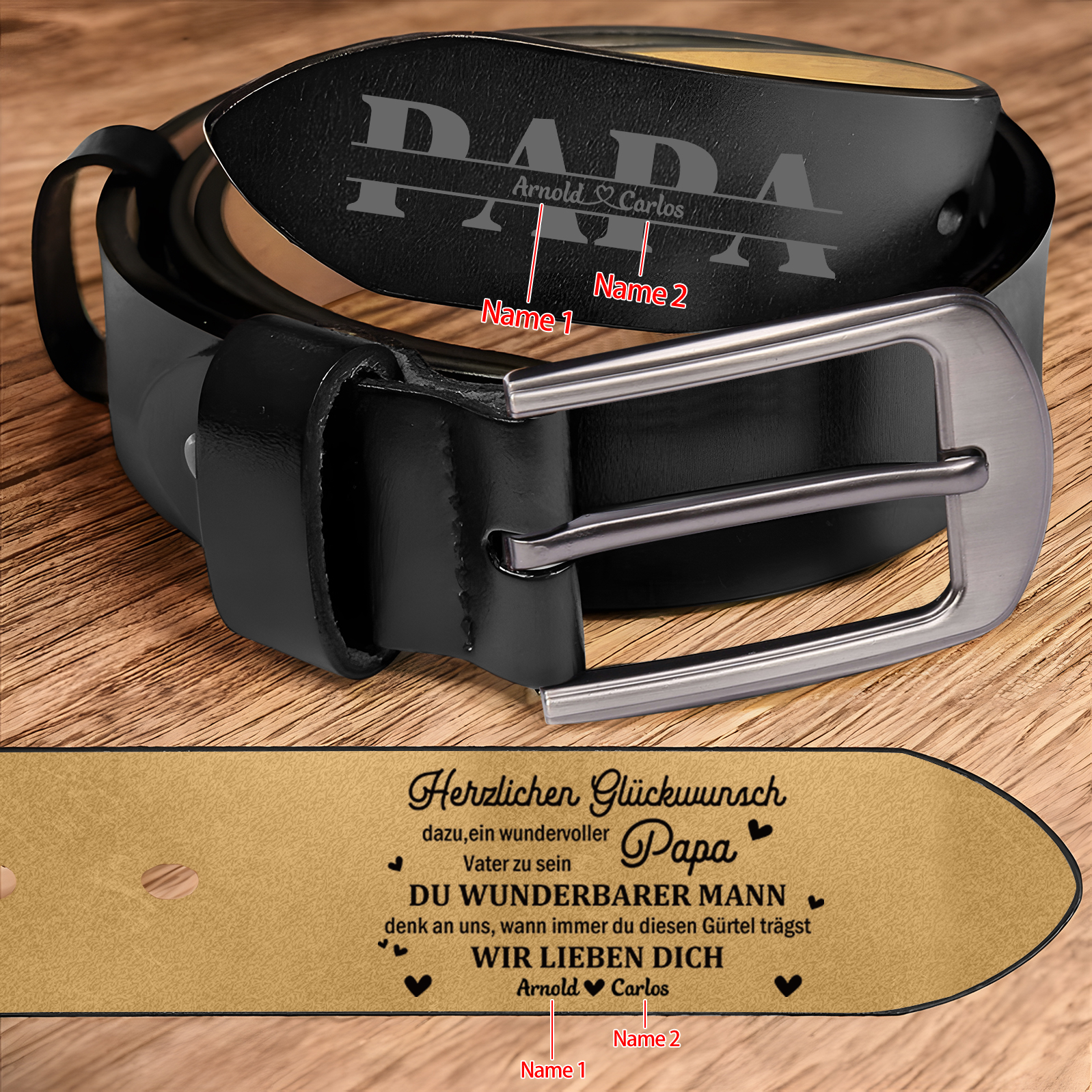 Personalisierter 2 Namen Schwarz Herren Ledergürtel - Papa, WIR LIEBEN DICH- Geschenk für Vater/Papa