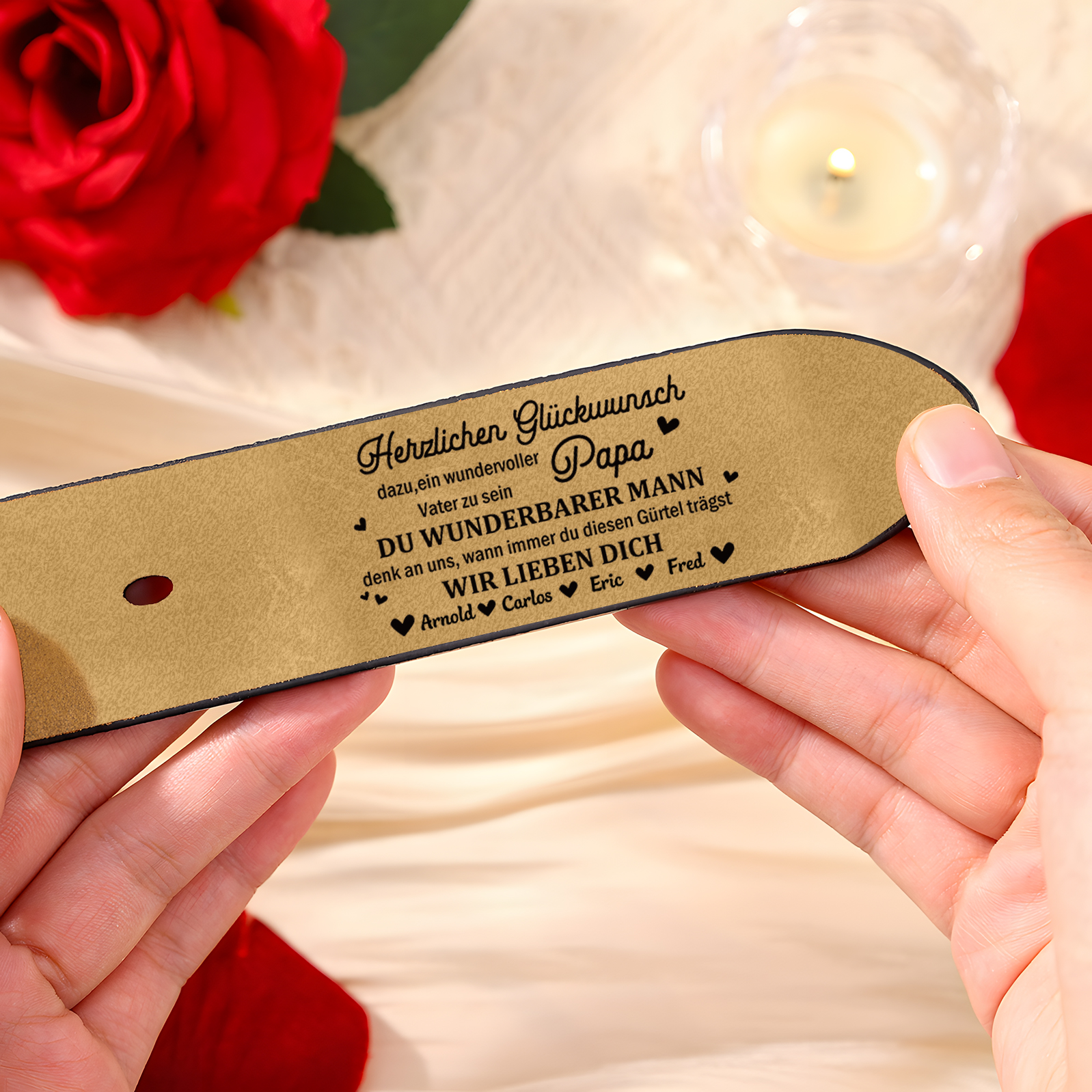 Personalisierter 4 Namen Schwarz Herren Ledergürtel - Papa, WIR LIEBEN DICH- Geschenk für Vater/Papa