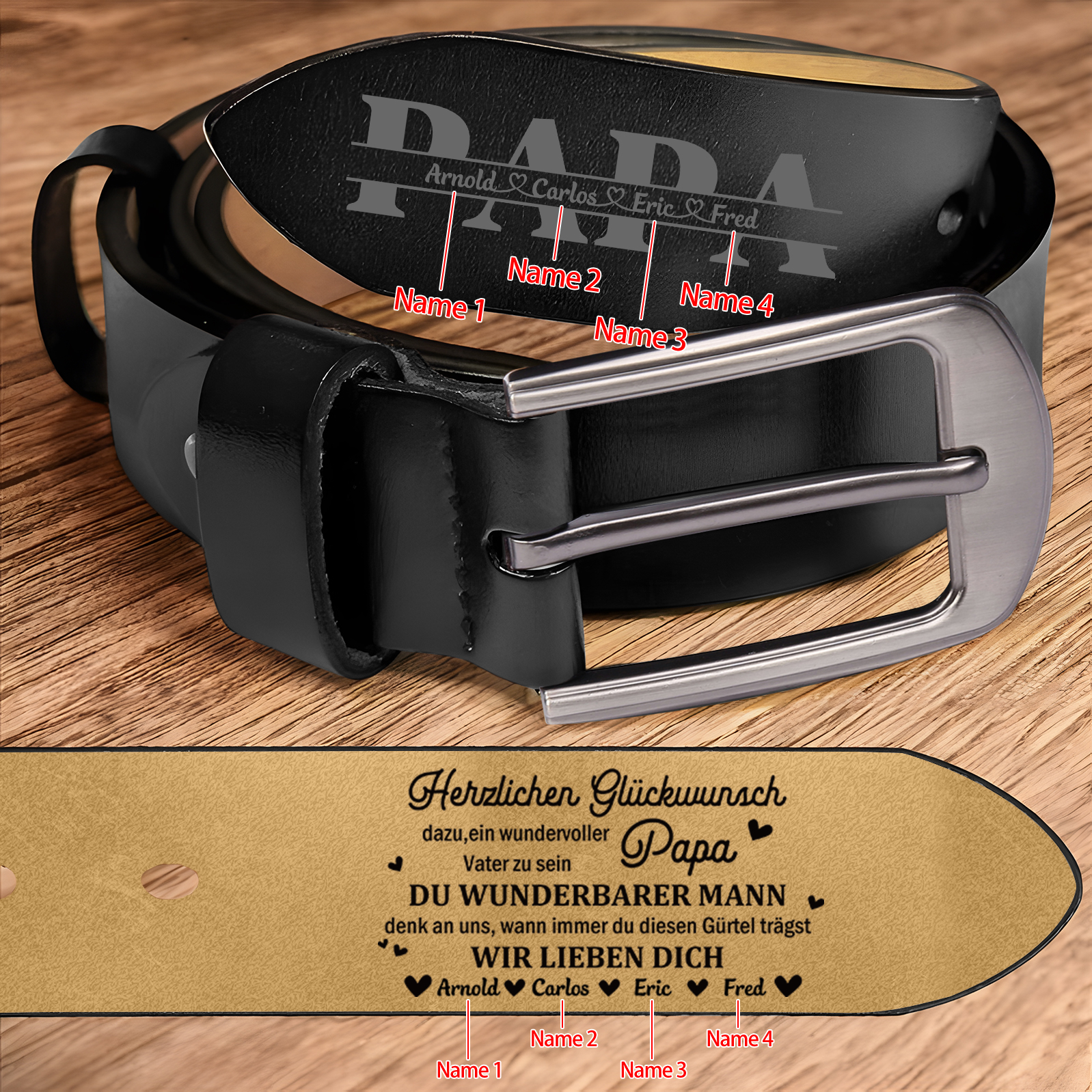Personalisierter 4 Namen Schwarz Herren Ledergürtel - Papa, WIR LIEBEN DICH- Geschenk für Vater/Papa