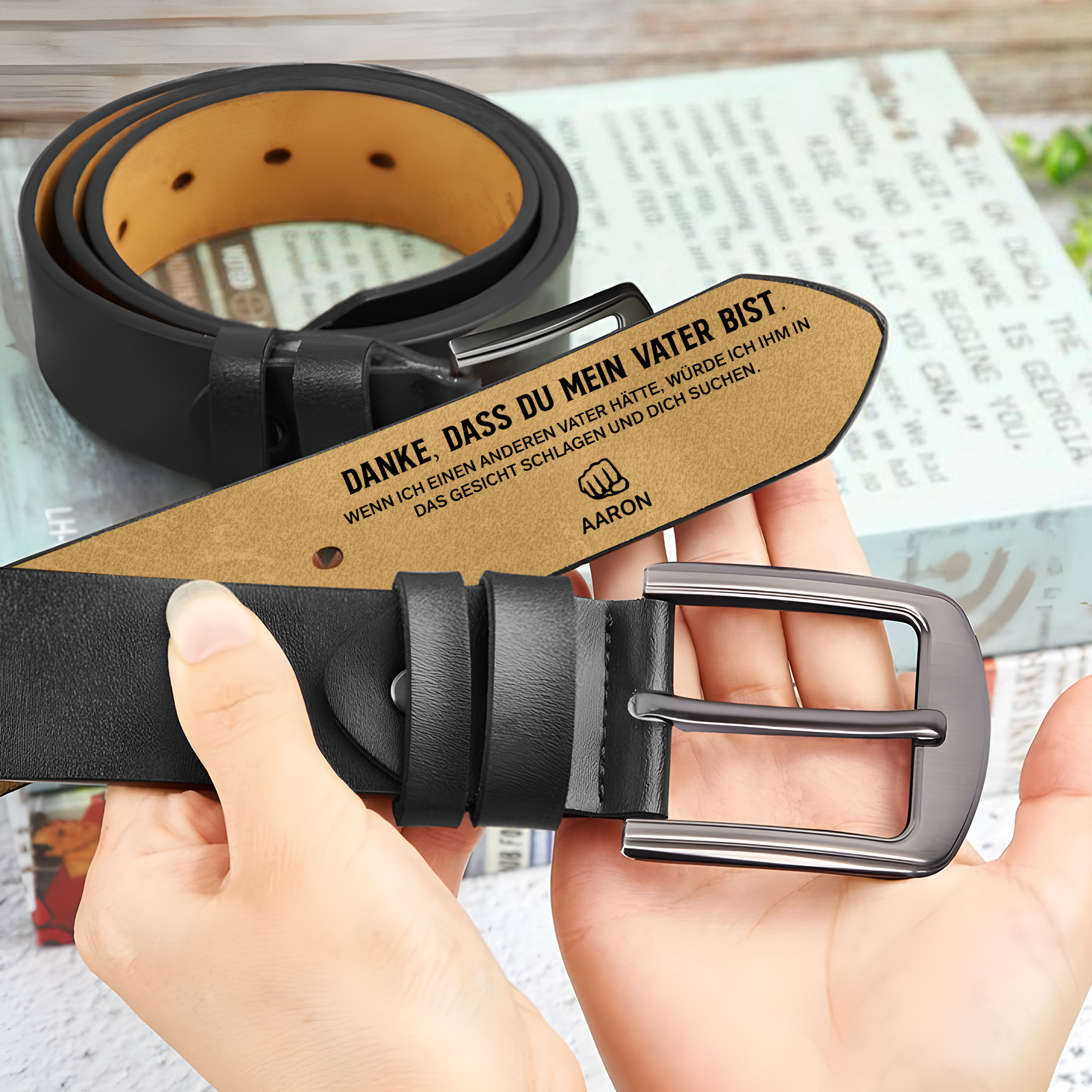 Personalisierter 2 Namen mit Faust Schwarz Herren Ledergürtel - Danke, Dass du mein Vater bist- Geschenk für Papa