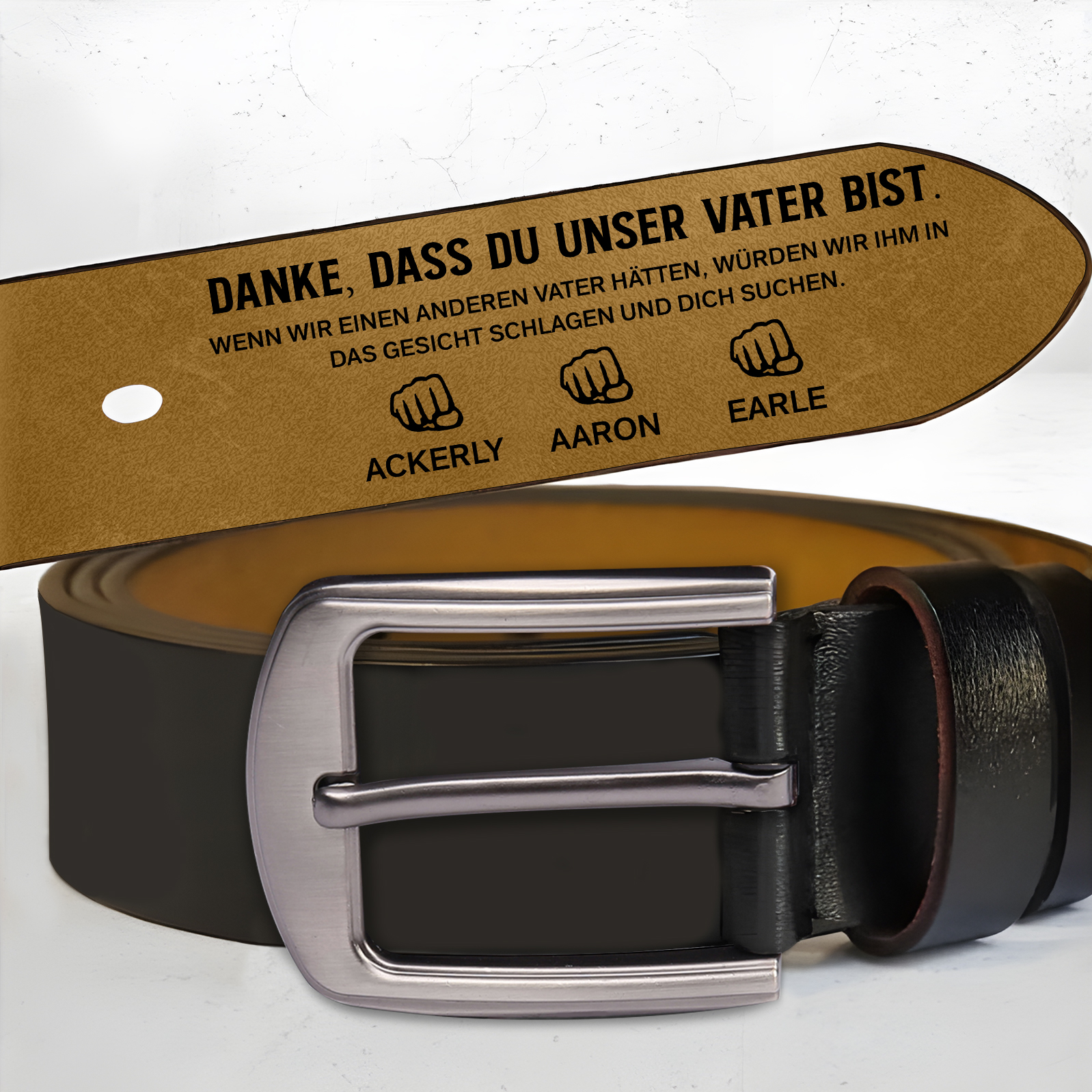 Personalisierter 4 Namen mit Faust Schwarz Herren Ledergürtel - Danke, Dass du mein Vater bist- Geschenk für Papa