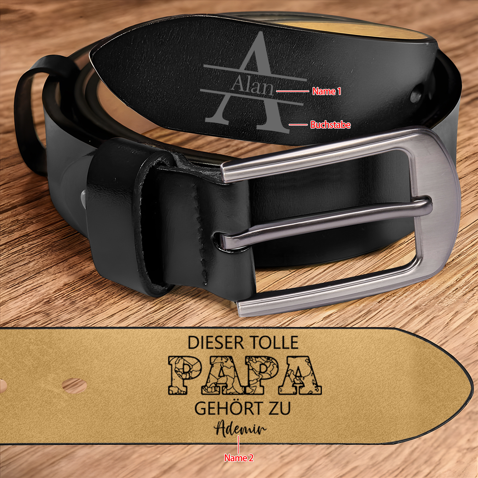 Personalisierter 2 Namen & Buchstabe Schwarz Herren Ledergürtel - DIESER TOLLE PAPA GEHÖRT ZU- Geschenk für Papa