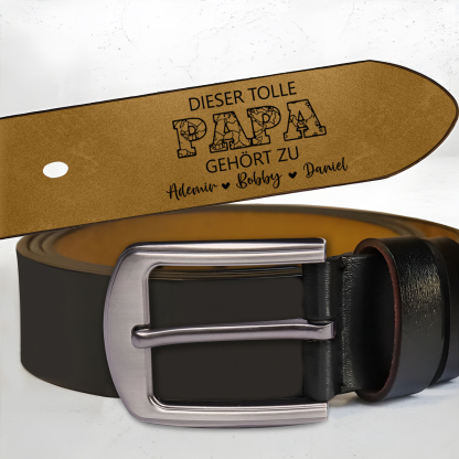 Personalisierter 4 Namen & Buchstabe Schwarz Herren Ledergürtel - DIESER TOLLE PAPA GEHÖRT ZU- Geschenk für Papa