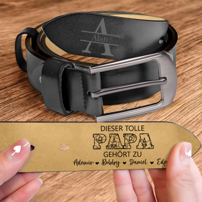 Personalisierter 5 Namen & Buchstabe Schwarz Herren Ledergürtel - DIESER TOLLE PAPA GEHÖRT ZU- Geschenk für Papa