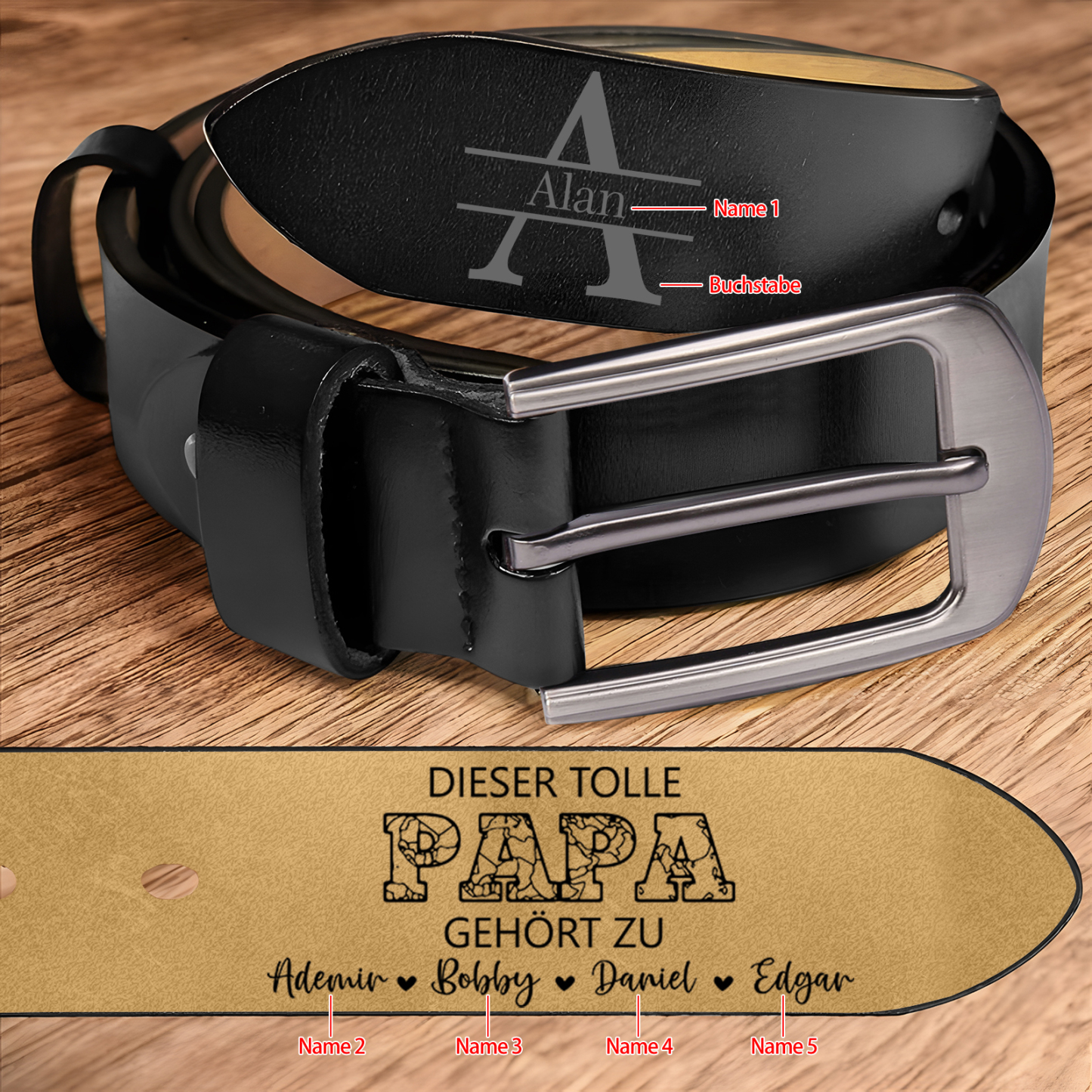 Personalisierter 5 Namen & Buchstabe Schwarz Herren Ledergürtel - DIESER TOLLE PAPA GEHÖRT ZU- Geschenk für Papa