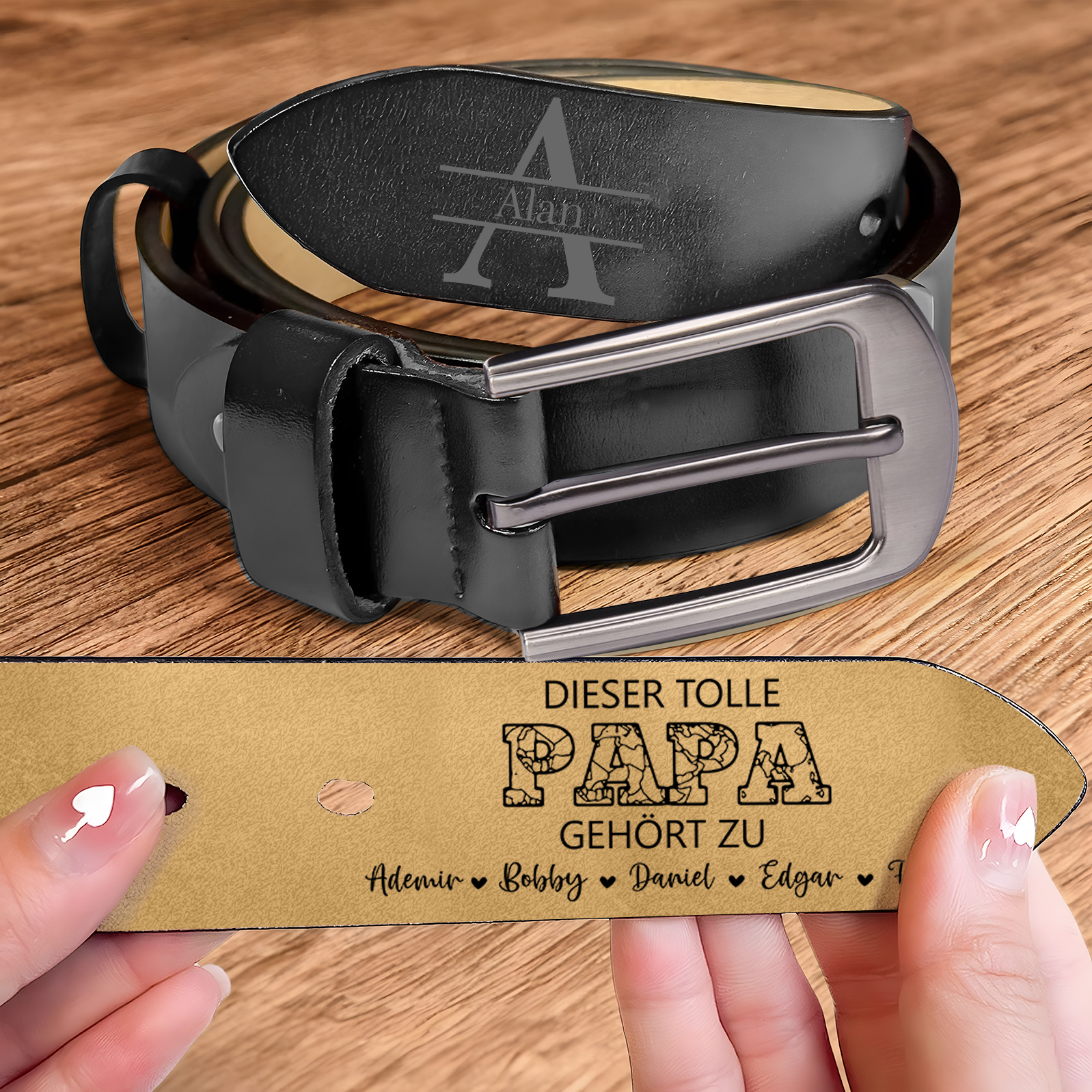 Personalisierter 6 Namen & Buchstabe Schwarz Herren Ledergürtel - DIESER TOLLE PAPA GEHÖRT ZU- Geschenk für Papa