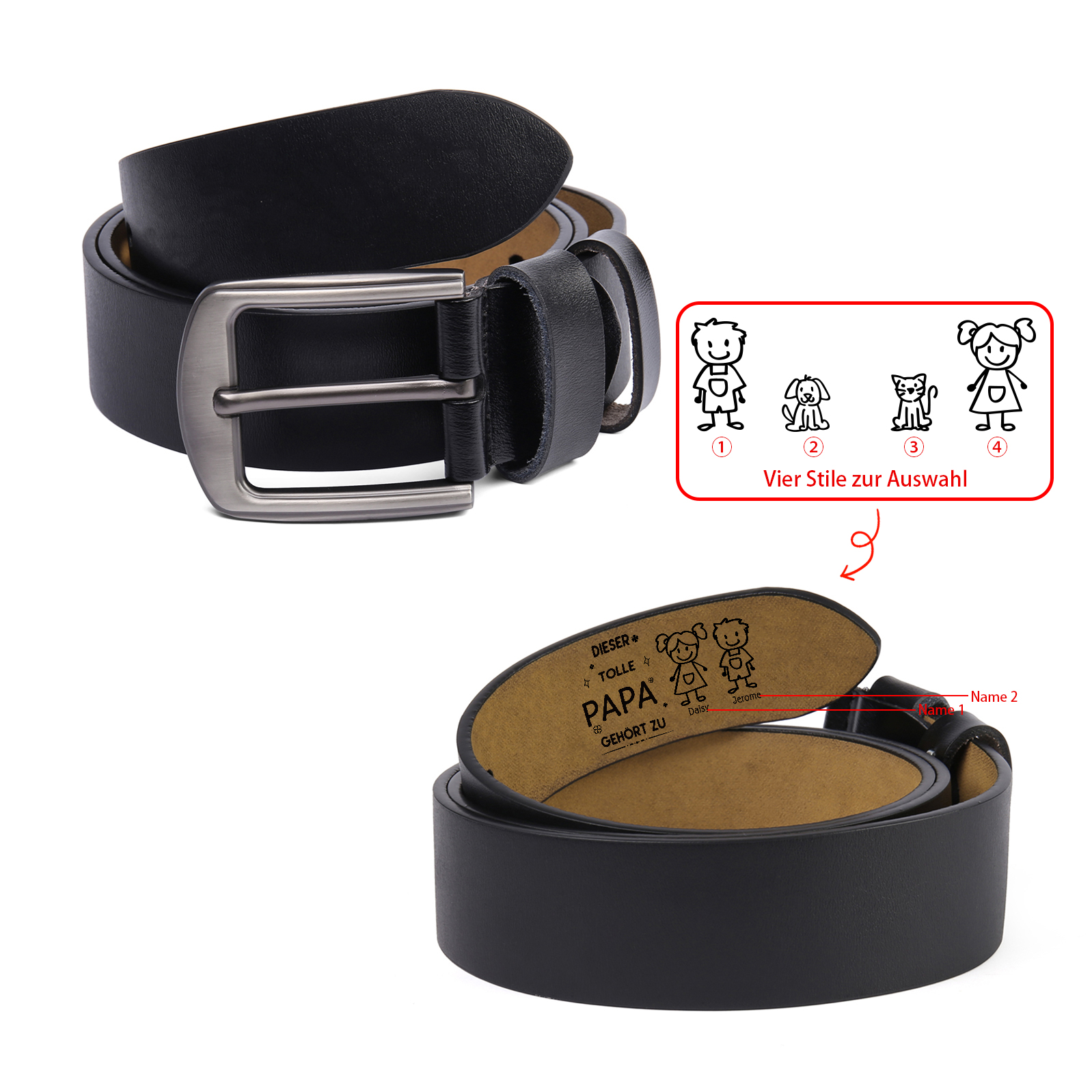 Personalisierter 1 Name & 2 Texte Schwarz Herren Ledergürtel - Diese tolle PAPA gehört zu- Geschenk für Vater/Papa