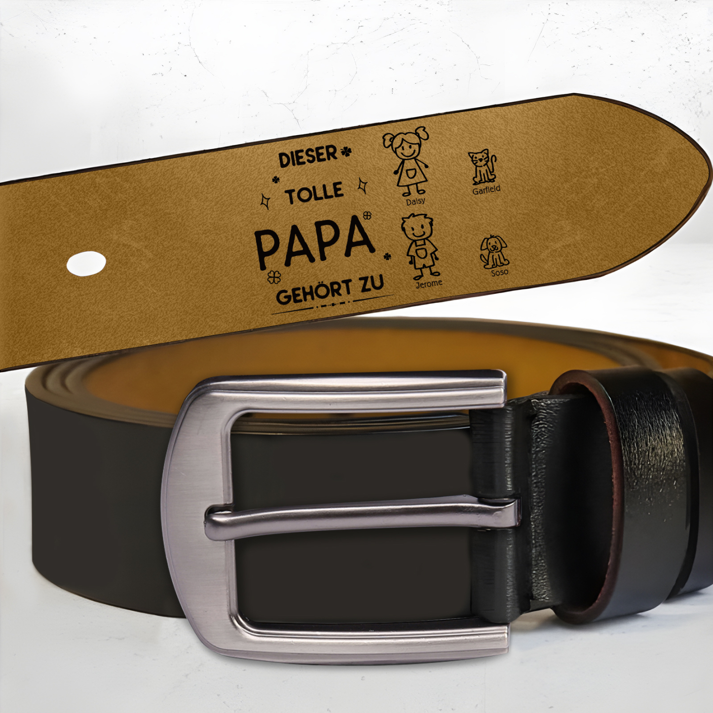Personalisierter 1-6 Name & Muster Schwarz Herren Ledergürtel - Diese tolle PAPA gehört zu- Geschenk für Vater/Papa