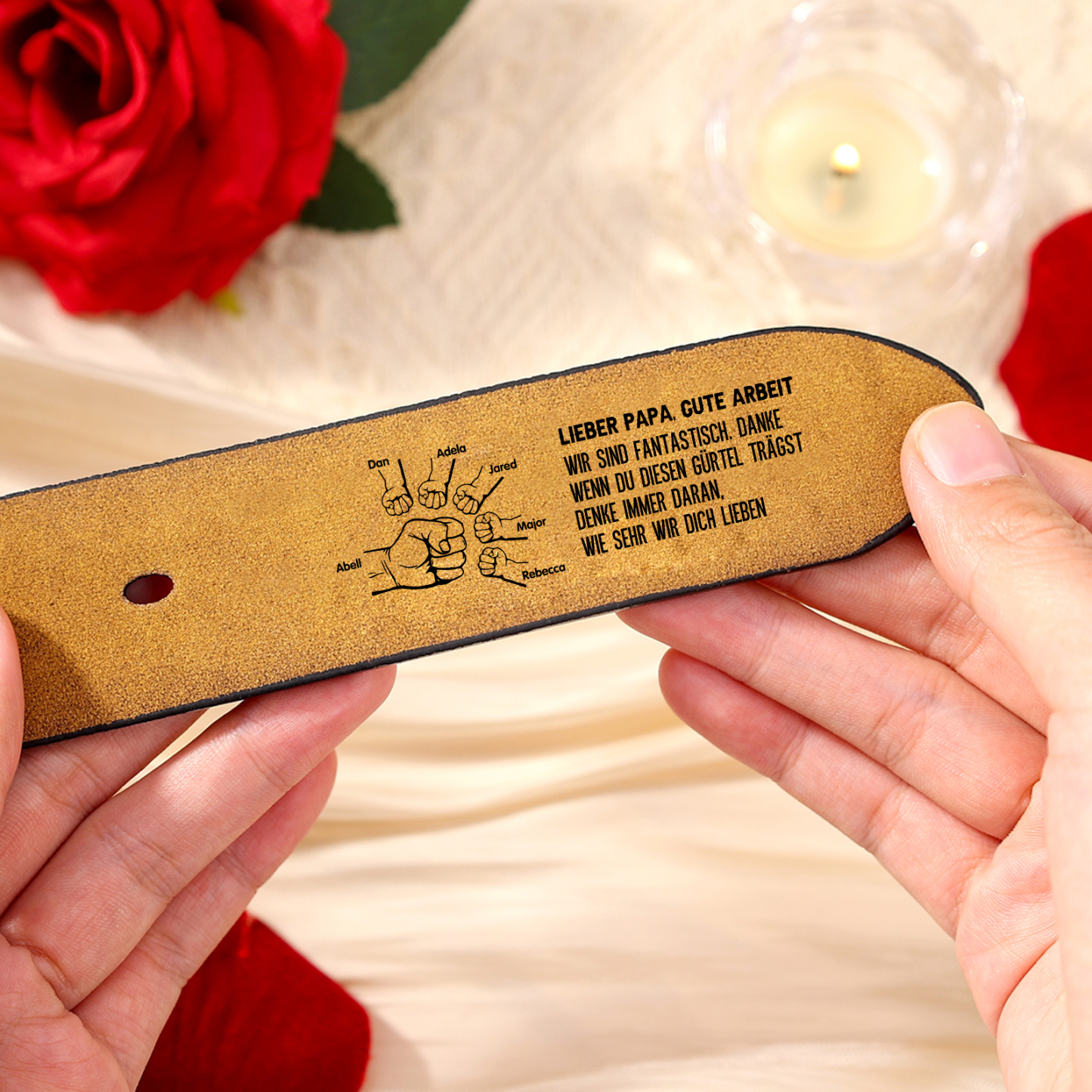 Personalisierter 7 Namen & Buchstabe mit Faust Schwarz Herren Ledergürtel - An mein Mann- Geschenk für Ehemann/Freund