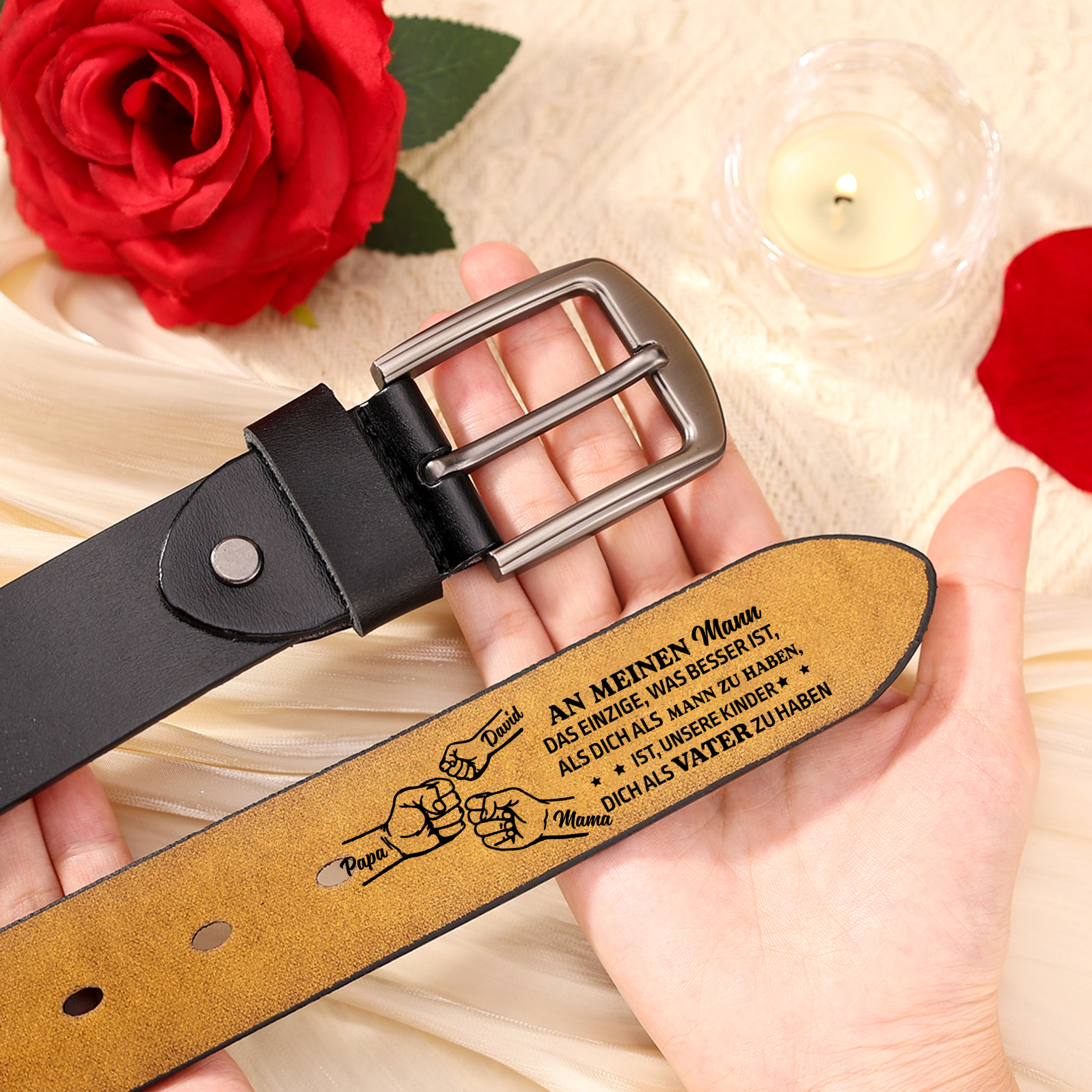 Personalisierter 3 Name- Hand in Hand - Schwarz Herren Ledergürtel - An mein Mann- Geschenk für Ehemann/Freund