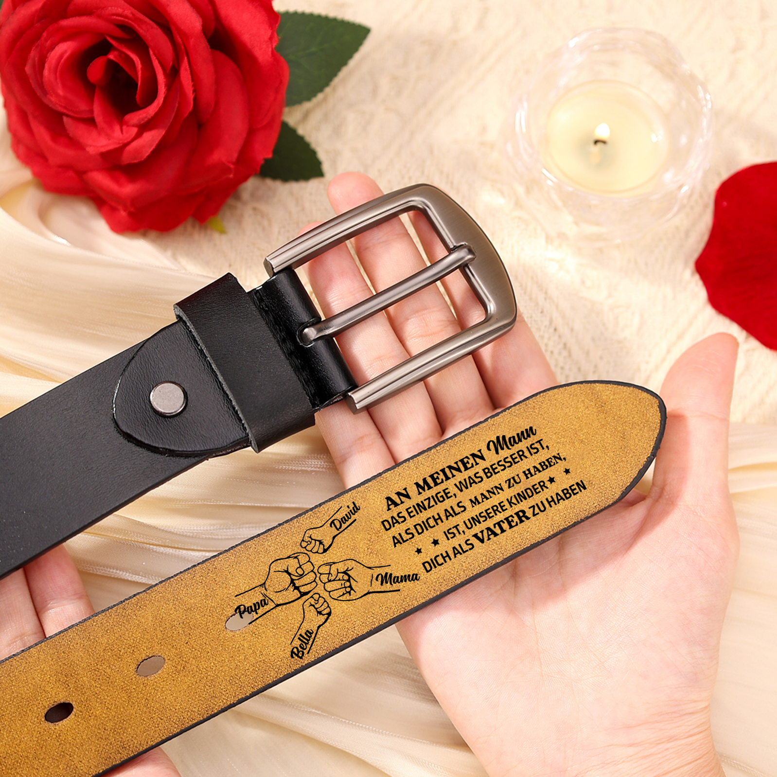 Personalisierter 4 Namen mit Faust Schwarz Herren Ledergürtel - An mein Mann- Geschenk für Ehemann/Freund