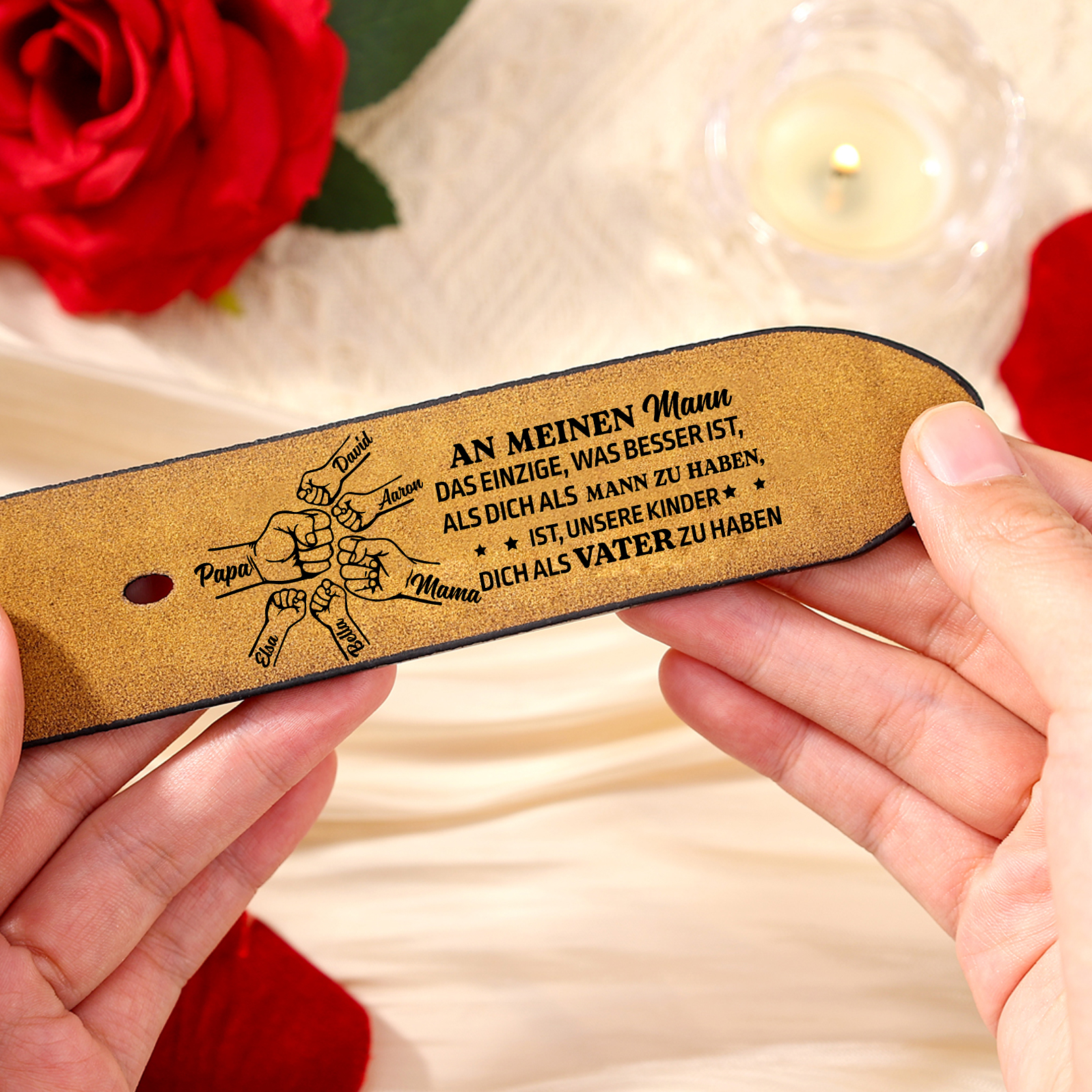 Personalisierter 6 Namen mit Faust Schwarz Herren Ledergürtel - An mein Mann- Geschenk für Ehemann/Freund