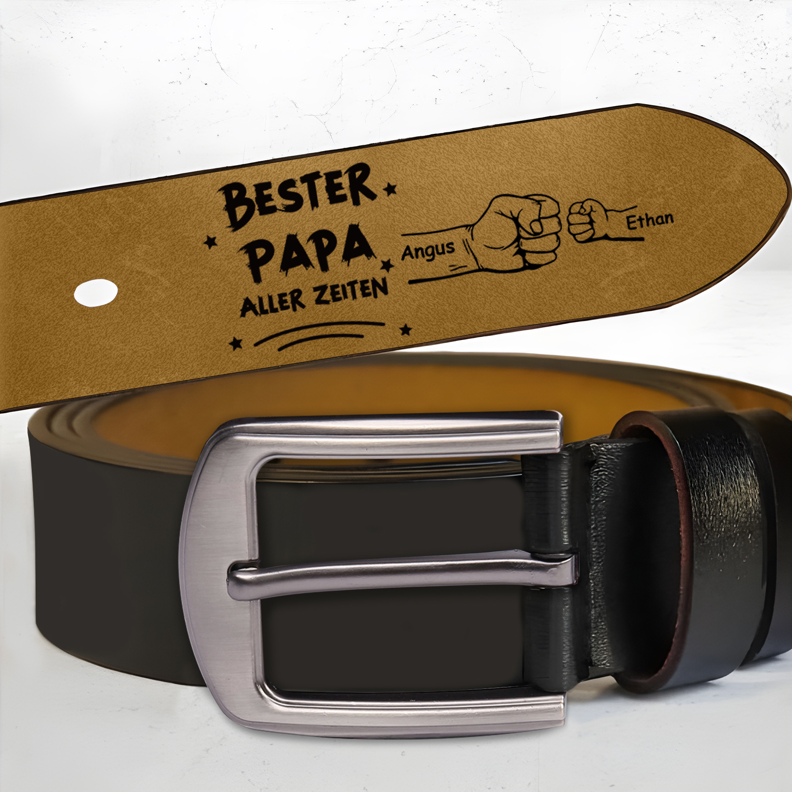 Personalisierter 2 Namen mit Faust Schwarz Herren Ledergürtel - Bester PAPA aller Zeiten- Geschenk für Papa