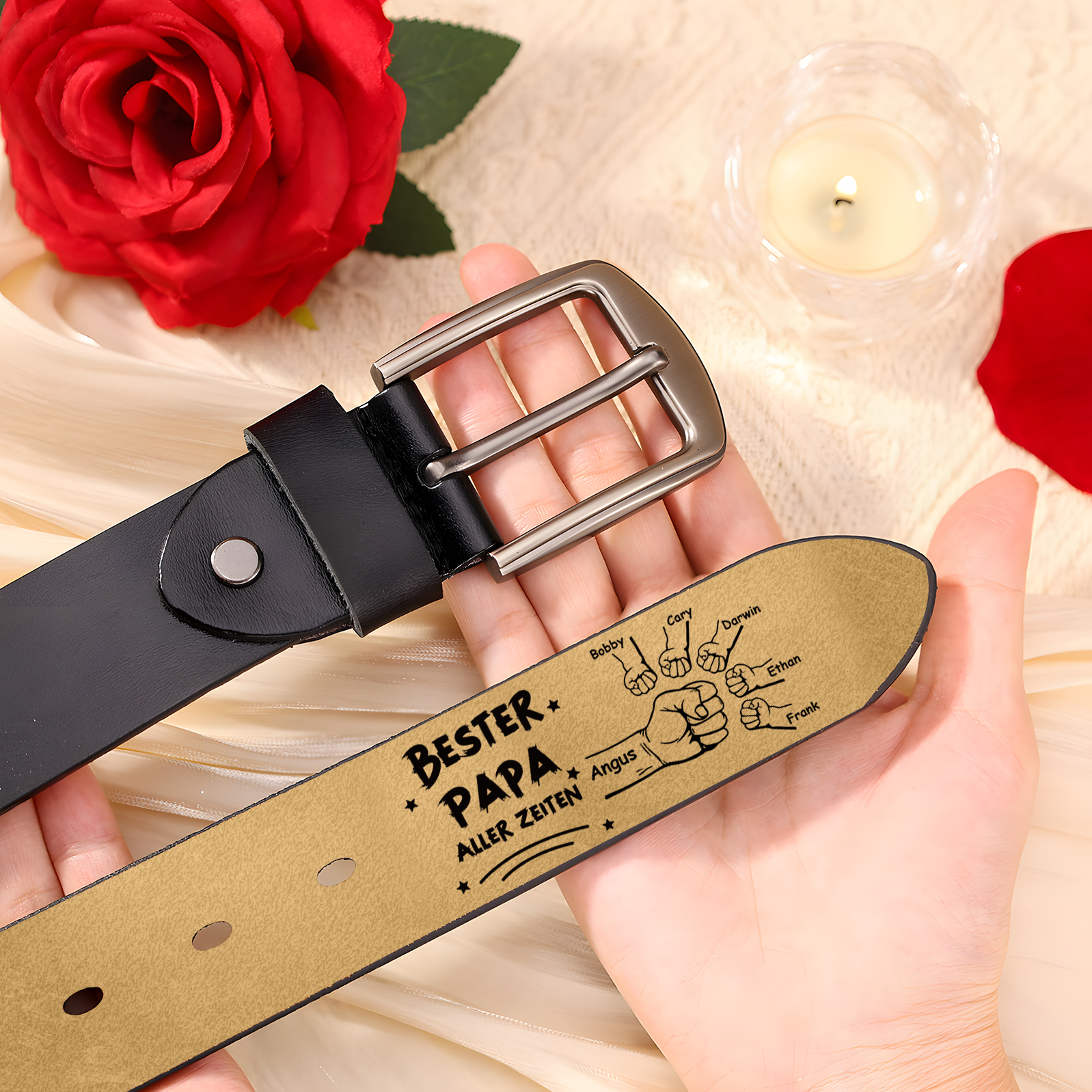 Personalisierter 6 Namen mit Faust Schwarz Herren Ledergürtel - Bester PAPA aller Zeiten- Geschenk für Papa